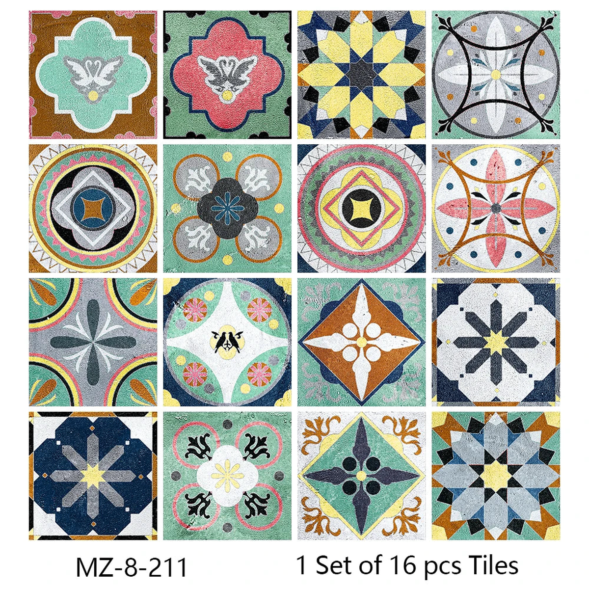 16pcs Watercolor Painting Style Tiles Wall Sticker Kitchen Backsplash Wardrobe Bathroom Waterproof Peel & Stick Art Wall Decals - MZ-8-211 | 15cmX15cmX16pcs