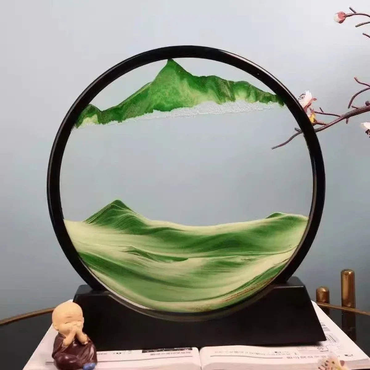 3D Moving Sand Art Picture Round Glass Deep Sea Sandscape Hourglass Quicksand Craft Flowing Sand Painting Office Home Decor Gift - green
