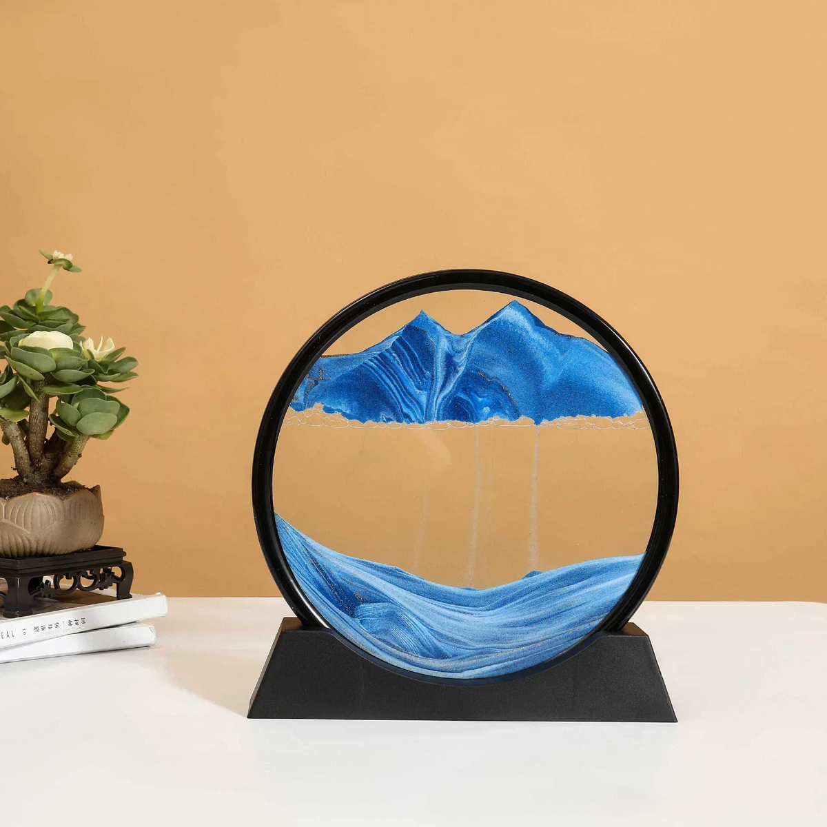 3D Sandscape Moving Sand Art Picture Quicksand Craft Round Glass Deep Sea Liquid Hourglass Flowing Sand Painting Home Decor Gift - Black Base-Blue | 12 inch