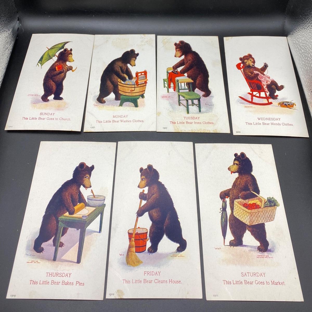 This Little Bear Complete Lot of Days of the Week Bears Doing Things Postcards