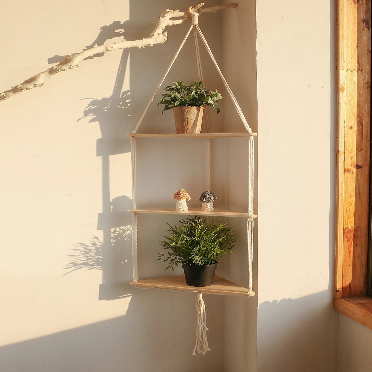 Triangle Floating Wall Shelf 1/2/3-Tier Wooden Wall Shelves Hanging Corner Display Stand with Wood Bead Boho Rustic Home Decor - wall shelf M0854