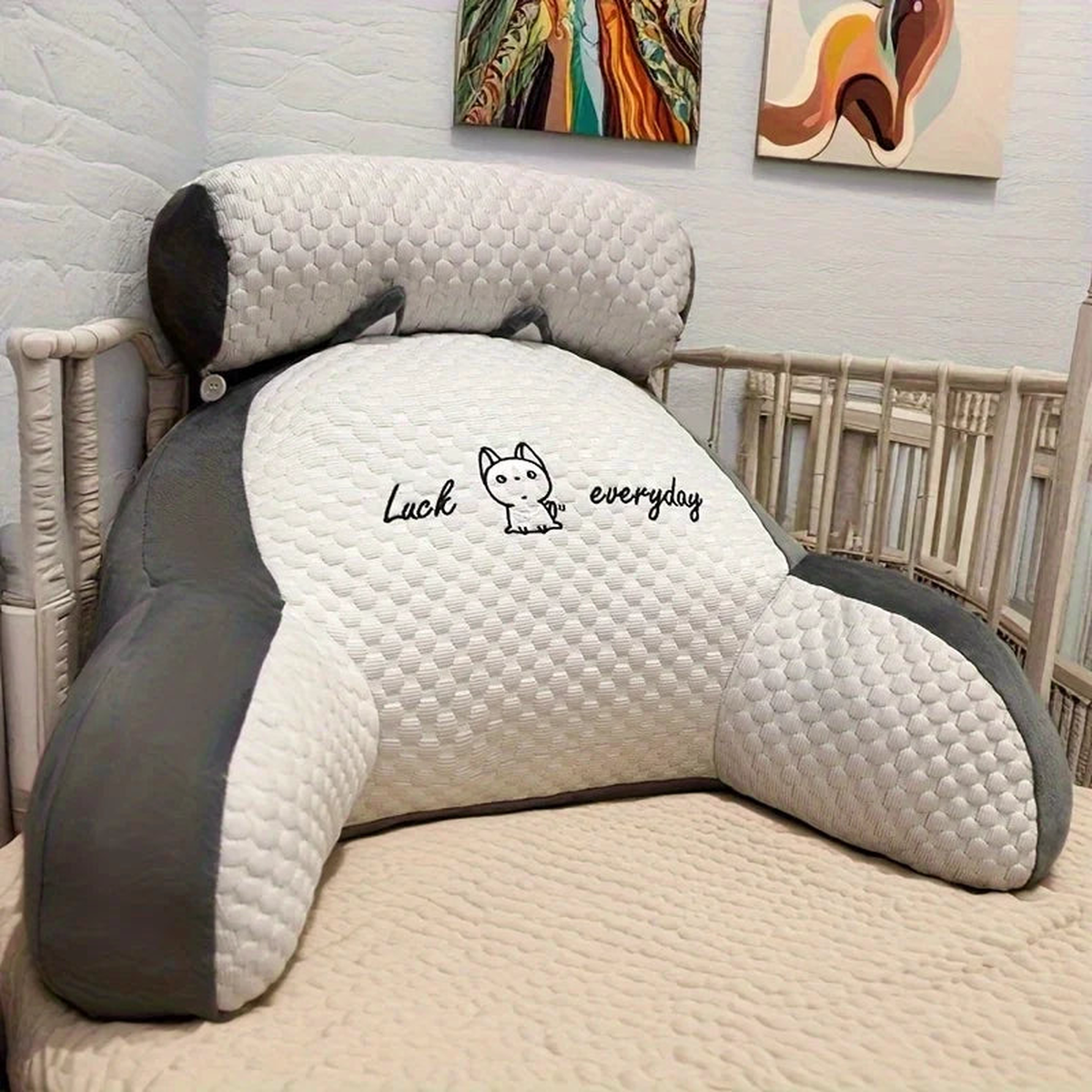 1pc Adjustable Reading Pillow - Ergonomic Back Support Cushion for Bed/Sofa/Floor, Gray Quilted Breathable Design - Light Grey