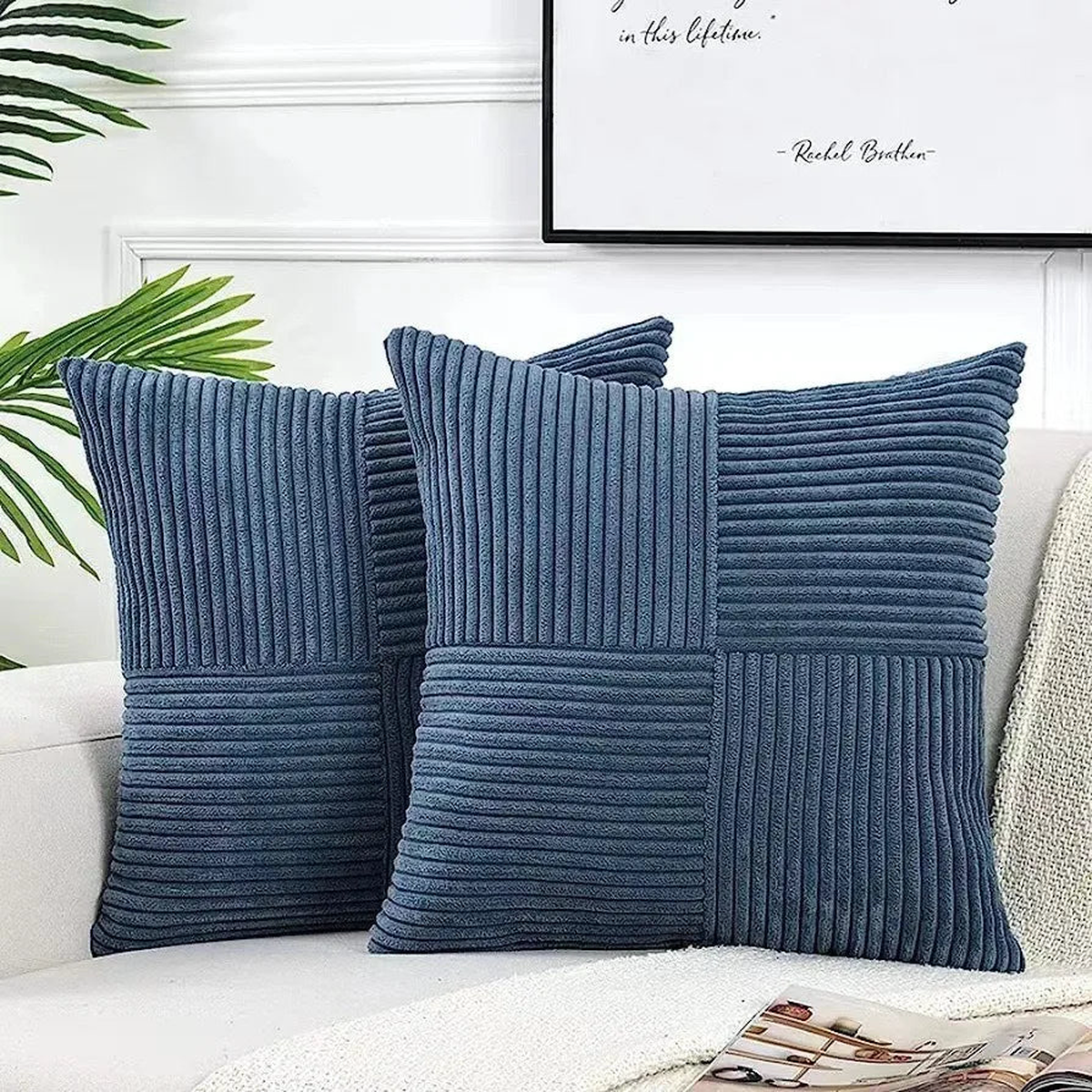 Splicing Cushion Cover Boho Decorative Corduroy Throw Pillow Covers 18x18 Inch for Couch Bed Sofa Room Farmhouse Fall Home Decor - Blue | 45x45CM