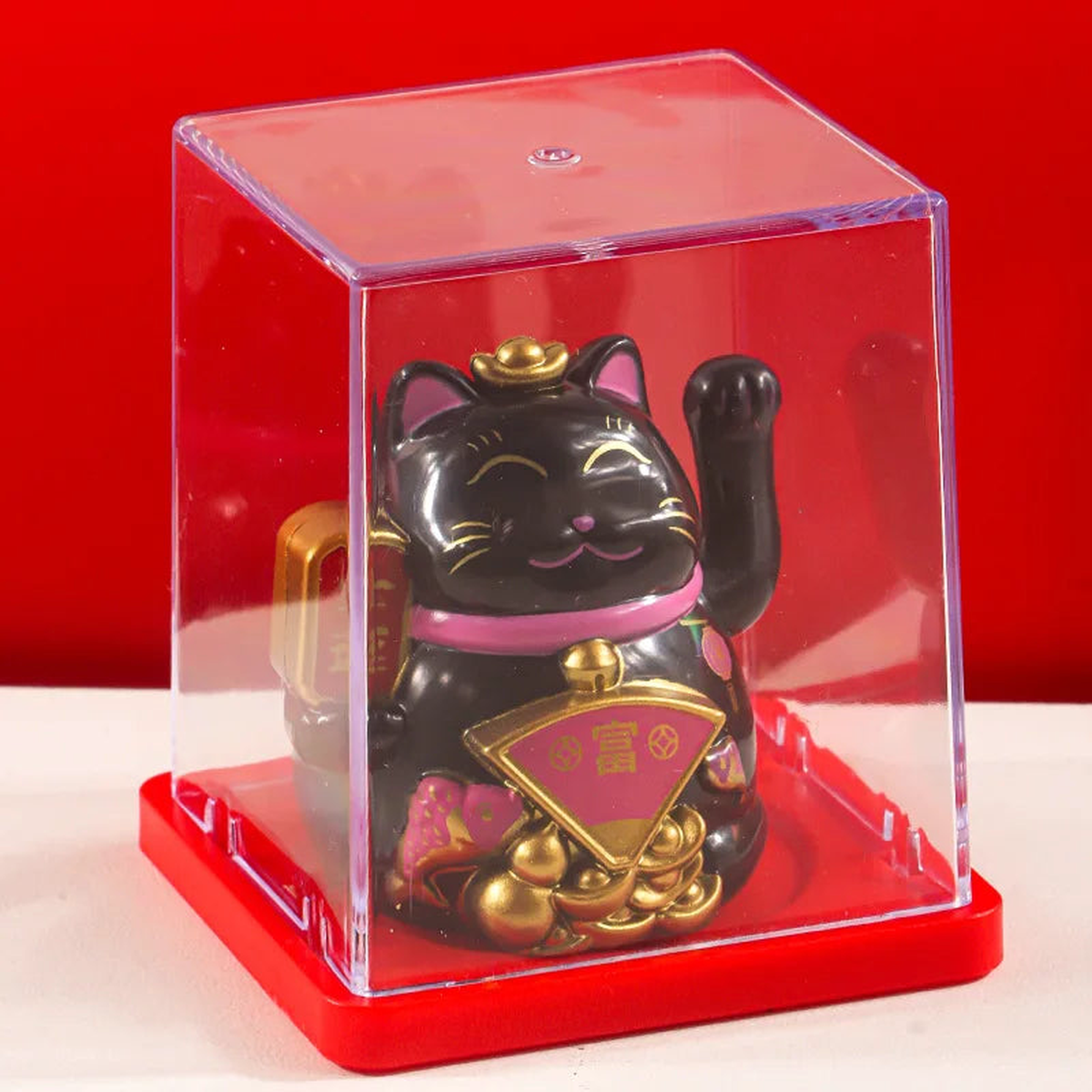 Solar Powered Maneki Neko Lucky Cat Welcoming Chinese Lucky Cat Waving Hand Beckoning Fortune Cat Figurines For Home Decor - Black