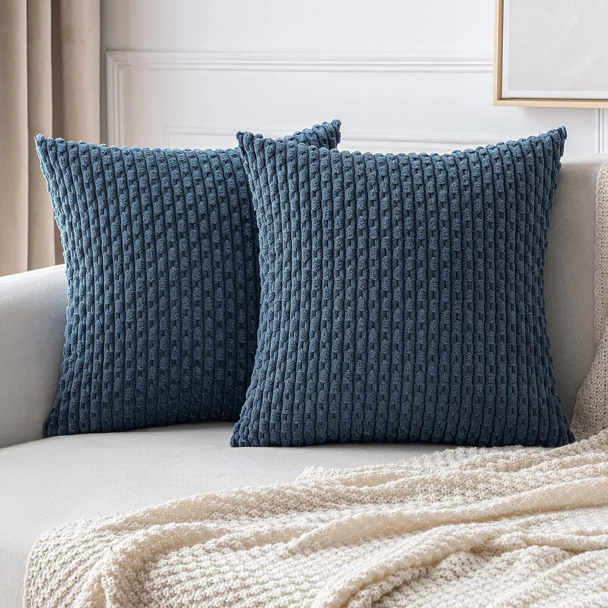 Boho Striped Decorative Throw Pillow Covers, Soft Corduroy Double-sided Fluffy Farmhouse Couch Pillow Covers, Orange 40/45/50CM - Blue | 50x50CM