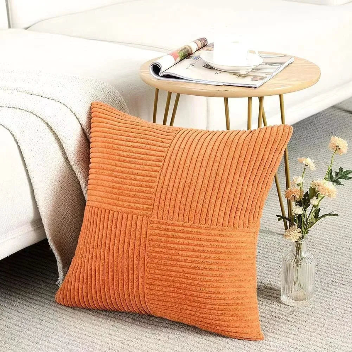 Rust Boho Throw Pillow Cover 18x18 Inch for Couch Bed Sofa Soft Corss Corduroy Patchwork Textured Terracotta Accent Cushion Case - Orange | 45x45CM