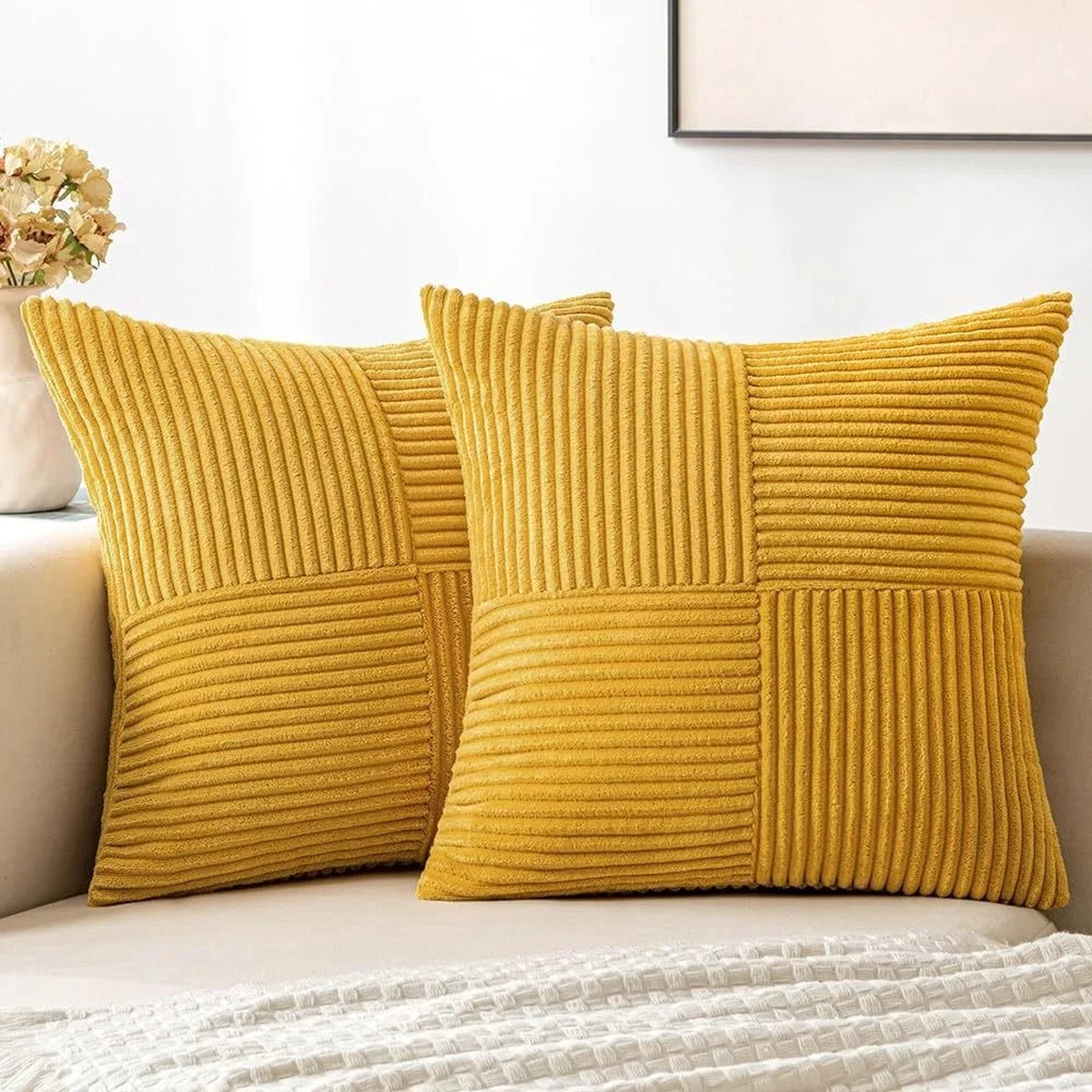 Rust Boho Throw Pillow Cover 18x18 Inch for Couch Bed Sofa Soft Corss Corduroy Patchwork Textured Terracotta Accent Cushion Case - Yellow | 50x50CM