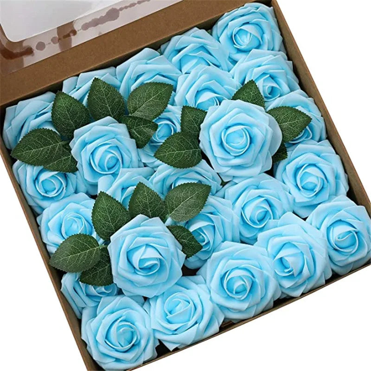 10~100pcs Rose Artificial Flowers Foam Fake Roses Wedding Bouquets Centerpieces Mothers Day Valentines Gifts Party Decoration - Lake blue | 50pcs no box leaves