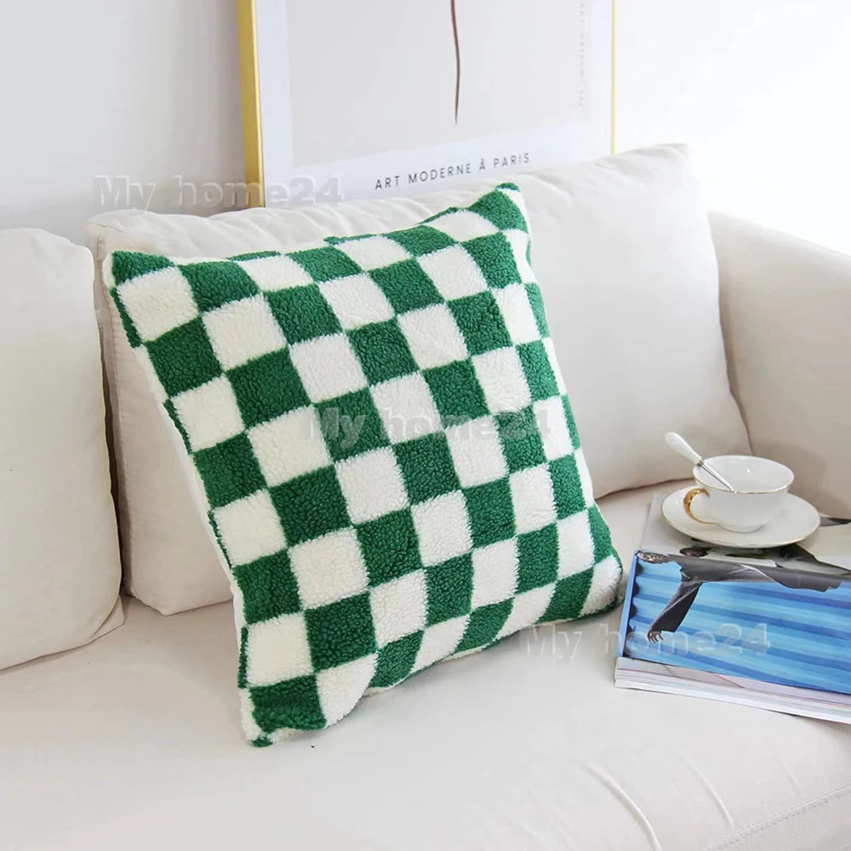 1Pc 45*45cm 50*50cm Checkerboard Plaid Plush Cushion Cover Knitted Car Sofa Throw Pillow Cover Short Fleece Pillowcase Cushion - 1Pc Green | 450X450mm
