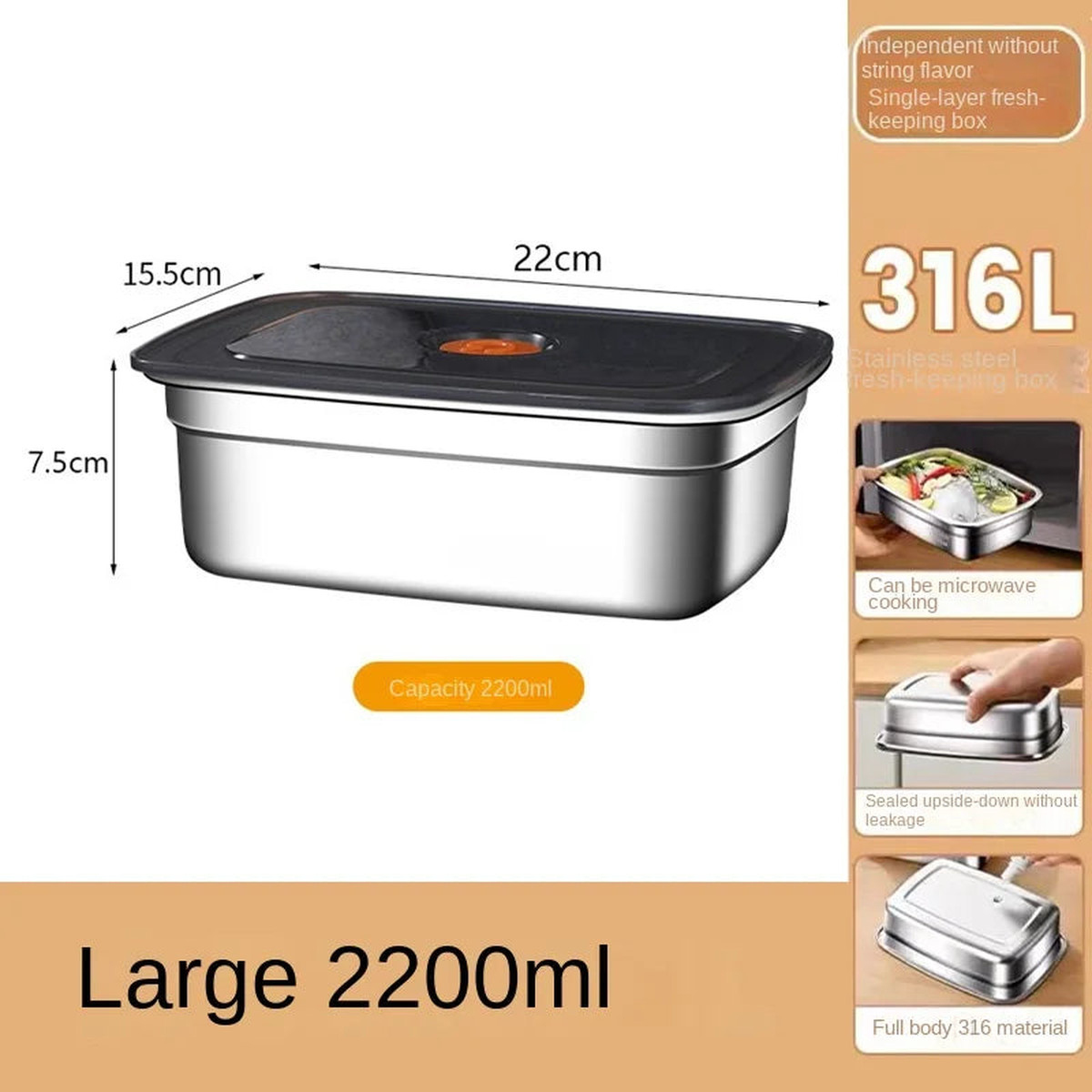 316 Stainless Steel Crisper, Lunch Box, Sealed Leak-proof Bento Box, Refrigerator Freezer Storage Box, Camping Lunch Box - 2200ml | China Mainland