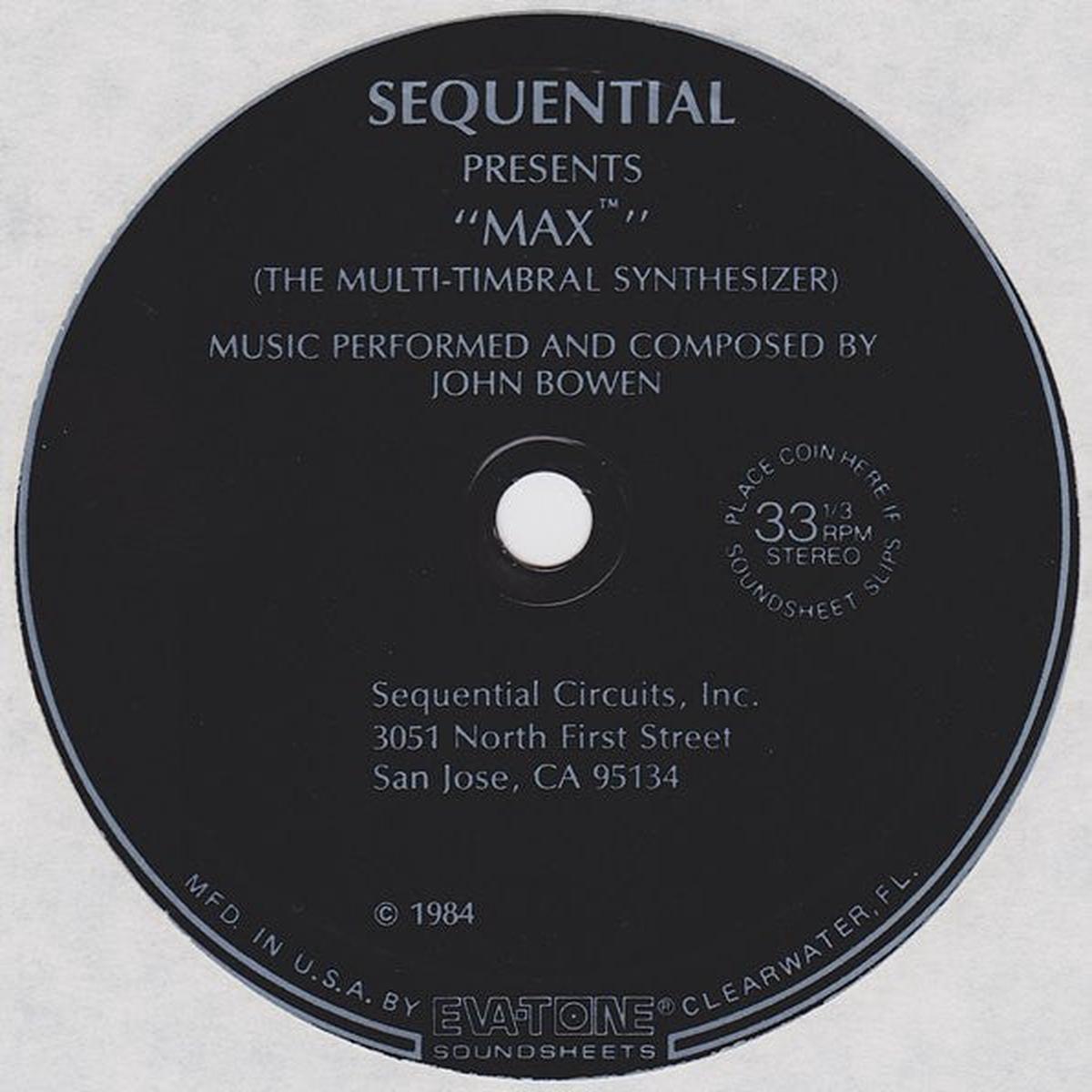 John Bowen - Sequential Presents "Max" (The Multi-timbral Synthesizer) (Flexi, 6", S/Sided) (VG)