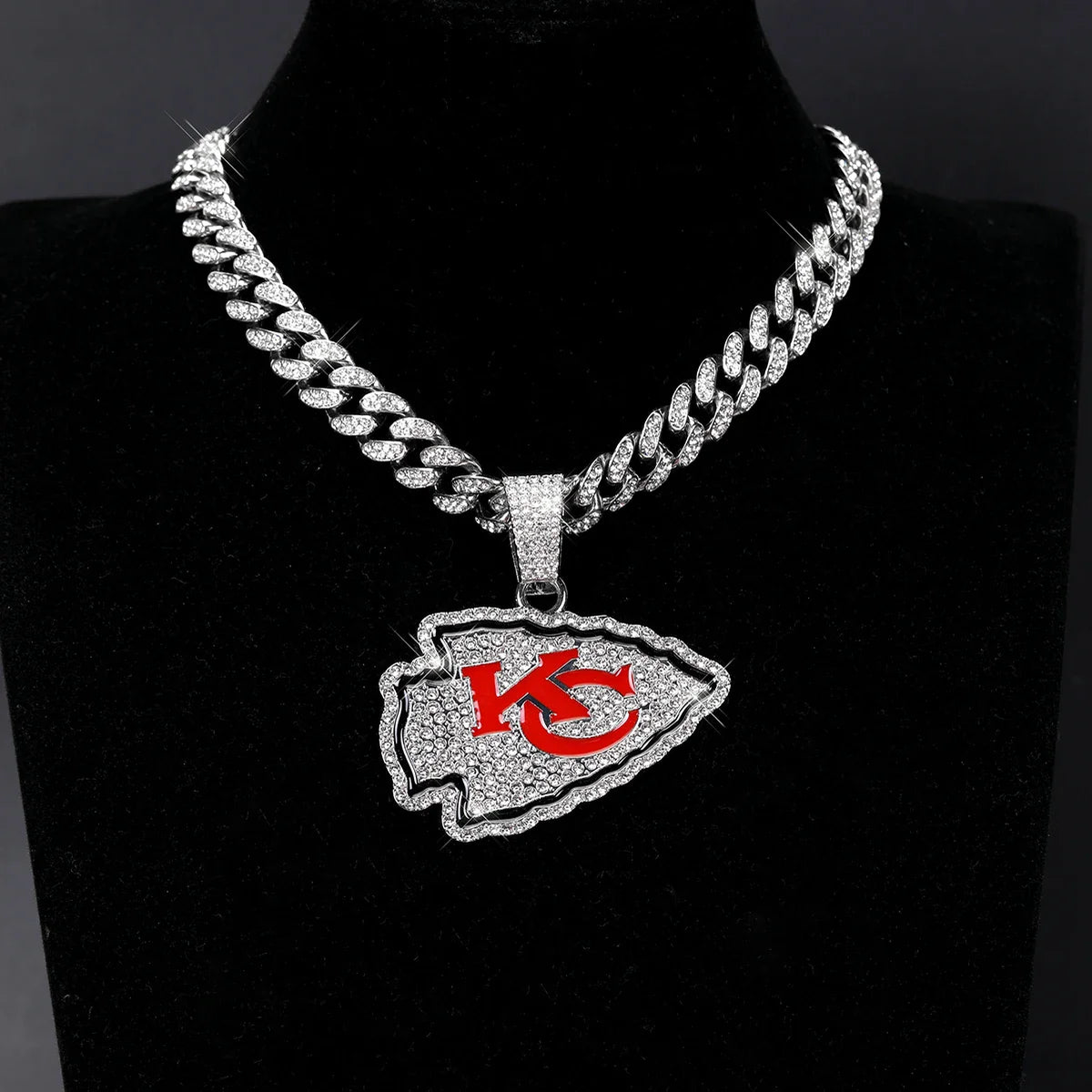 Sports LOGO Pendant Necklace with Iced Out Cuban Chains for Football Fans - silver-Kansas City