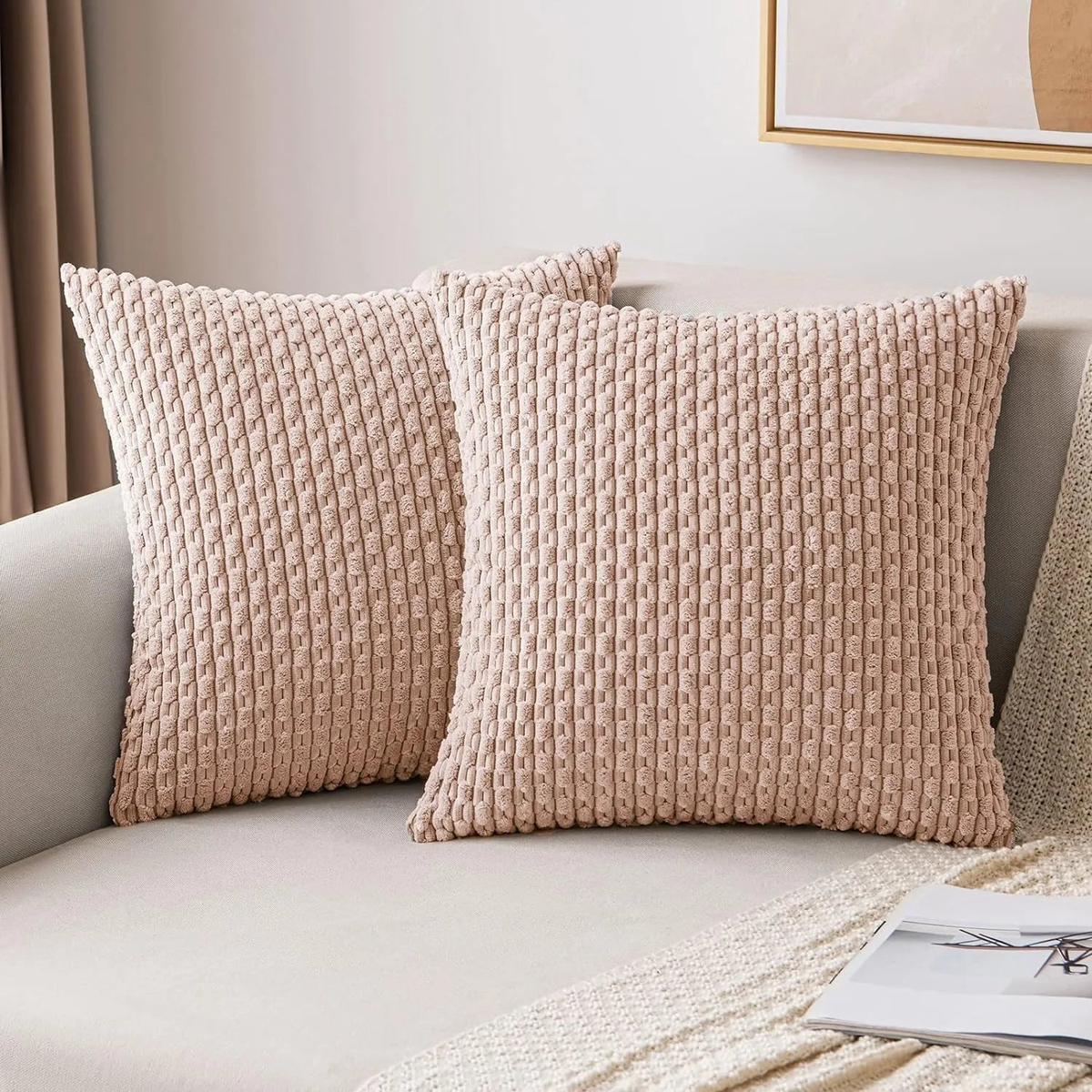 Spring Sage Green Decorative Throw Pillow Covers 18x18 Soft Corduroy Striped Square Pillow Covers for Couch Living Room Bed Sofa - Pink | 45x45CM
