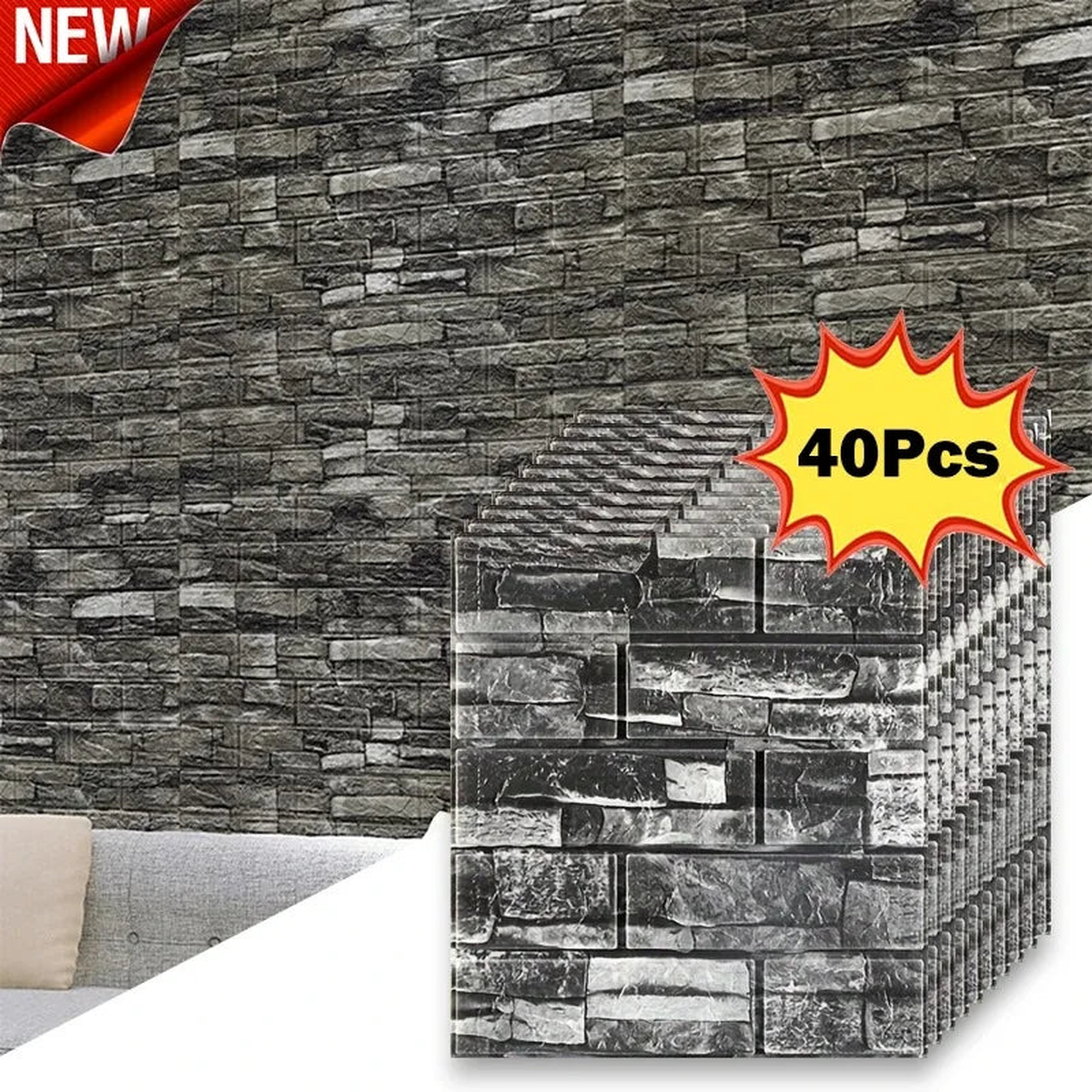40Pcs 38.5X35cm Imitation Brick Wallpaper Self-adhesive Waterproof Moisture-proof Living Room Background Bedroom Wall Decoration - retro black | 40Pcs 38.5X35cm