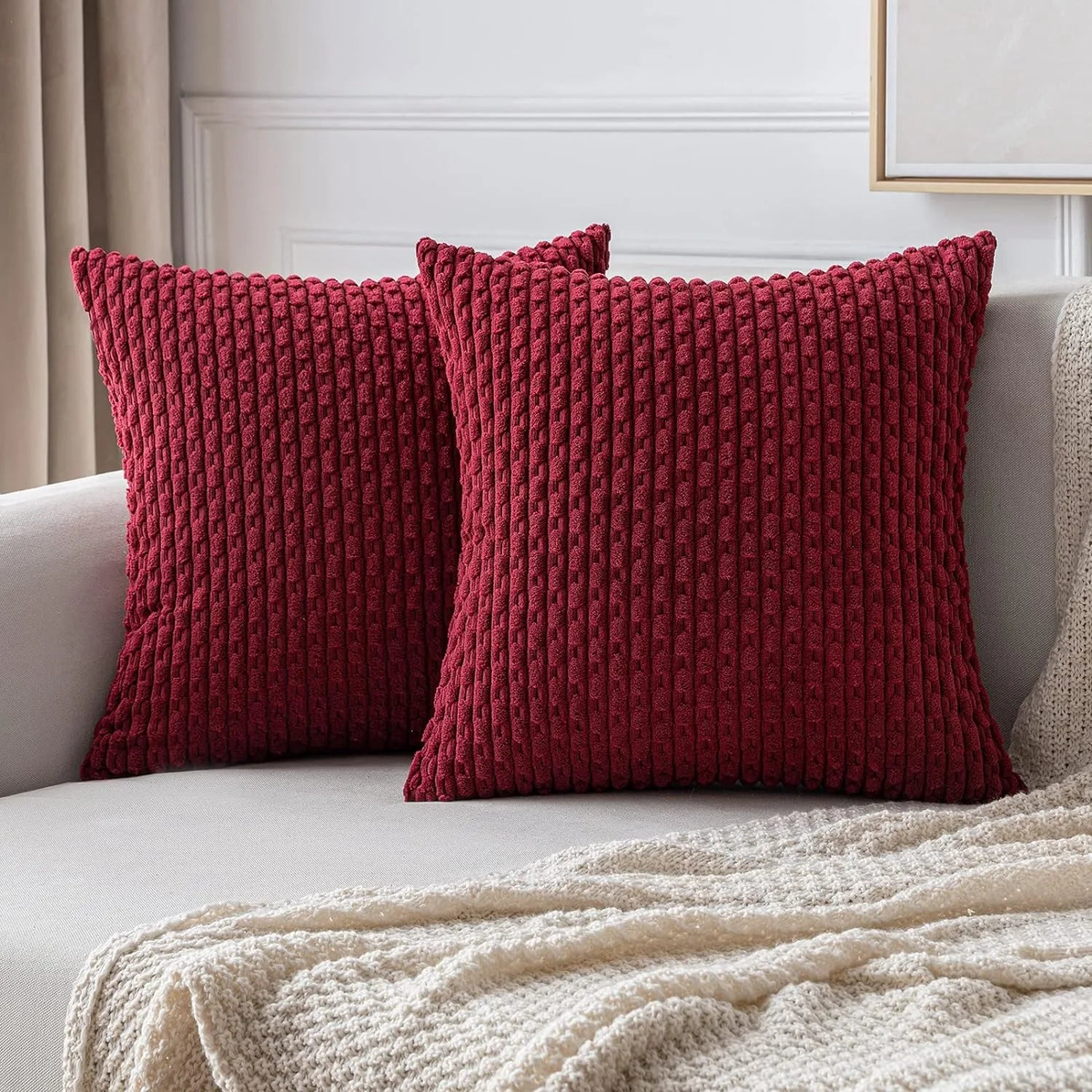 Spring Sage Green Decorative Throw Pillow Covers 18x18 Soft Corduroy Striped Square Pillow Covers for Couch Living Room Bed Sofa - Red | 50x50CM