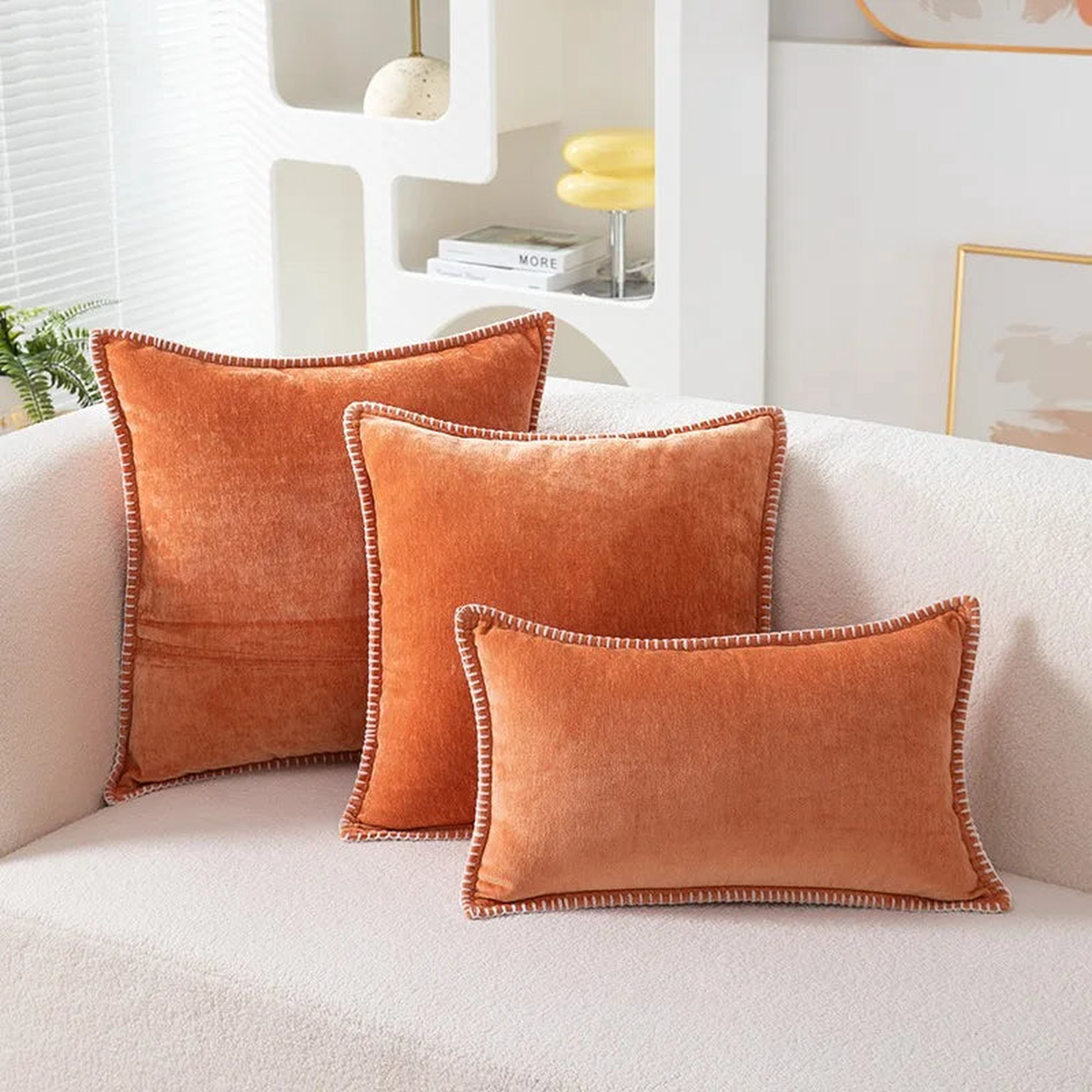 Pink Cute Soft Pillow Cover with Stitched Edge Chenille Velvet Cushion Cover 30/45/50 CM for Living Room Bedroom Sofa Home Decor - Orange | 50x50CM 1Pcs