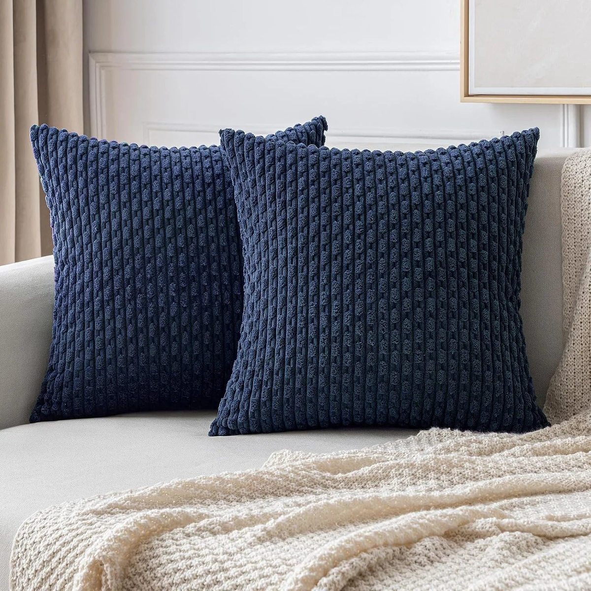 Spring Sage Green Decorative Throw Pillow Covers 18x18 Soft Corduroy Striped Square Pillow Covers for Couch Living Room Bed Sofa - Drak Blue | 45x45CM
