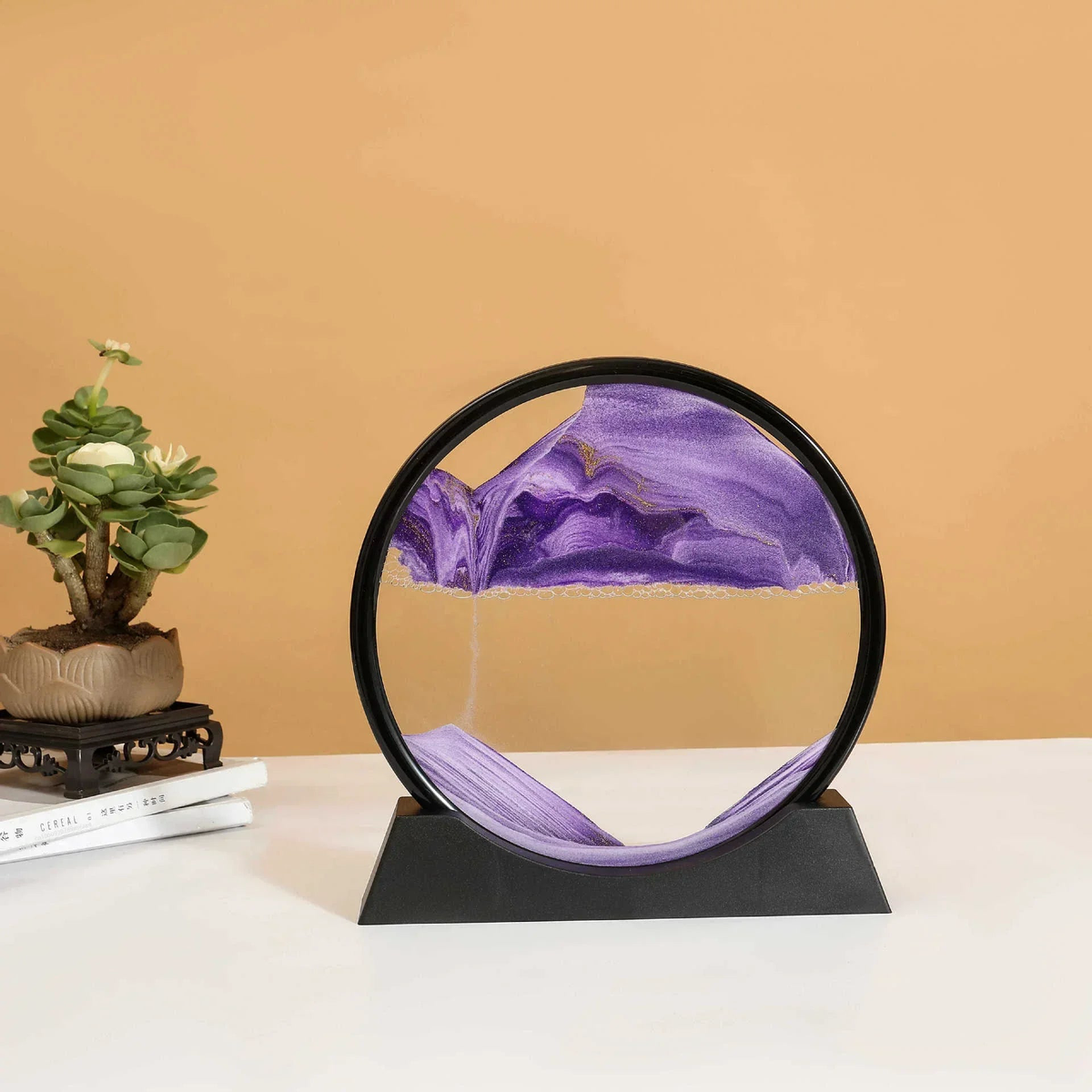 3D Sandscape Moving Sand Art Picture Quicksand Craft Round Glass Deep Sea Liquid Hourglass Flowing Sand Painting Home Decor Gift - Black Base-Purple | 5 inch