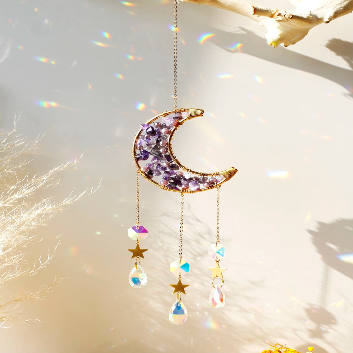 Natural Moon Crystal Suncatcher Ornament With Colorful Prism Pendant For Garden Patio Porch Balcony Window Home Decoration Gift - KK032-M01157
