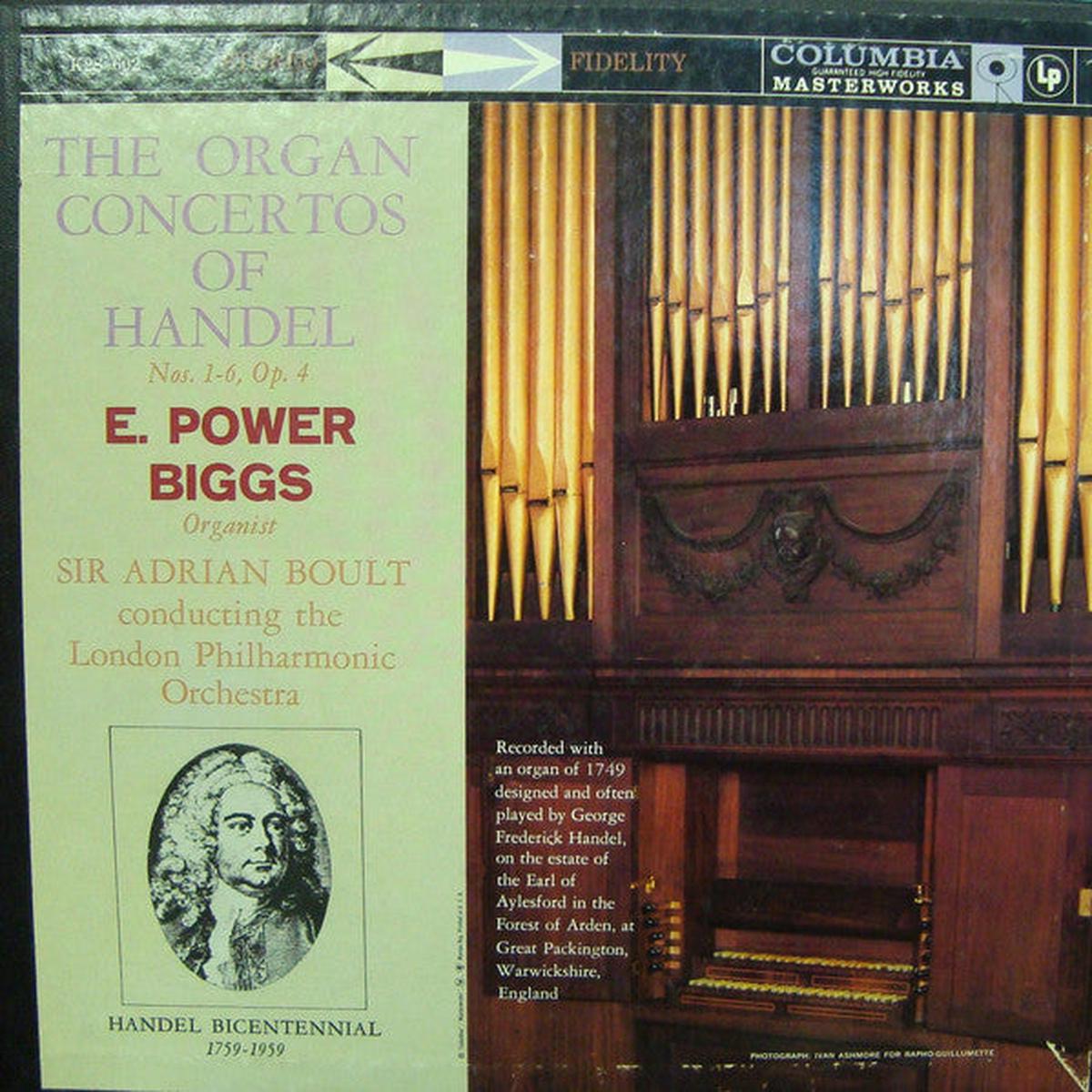 Handel*, E. Power Biggs, Sir Adrian Boult Conducting The London Philharmonic Orchestra - The Organ Concertos Of Handel (Nos. 1-6, Op. 4) (LP) (NM or M-)