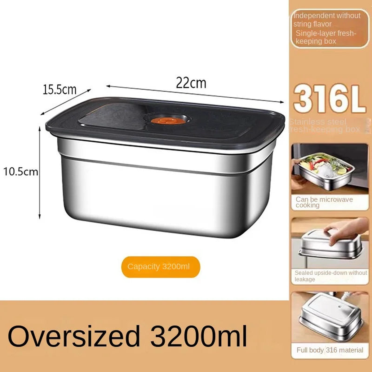 316 Stainless Steel Crisper, Lunch Box, Sealed Leak-proof Bento Box, Refrigerator Freezer Storage Box, Camping Lunch Box - 3200ml | China Mainland