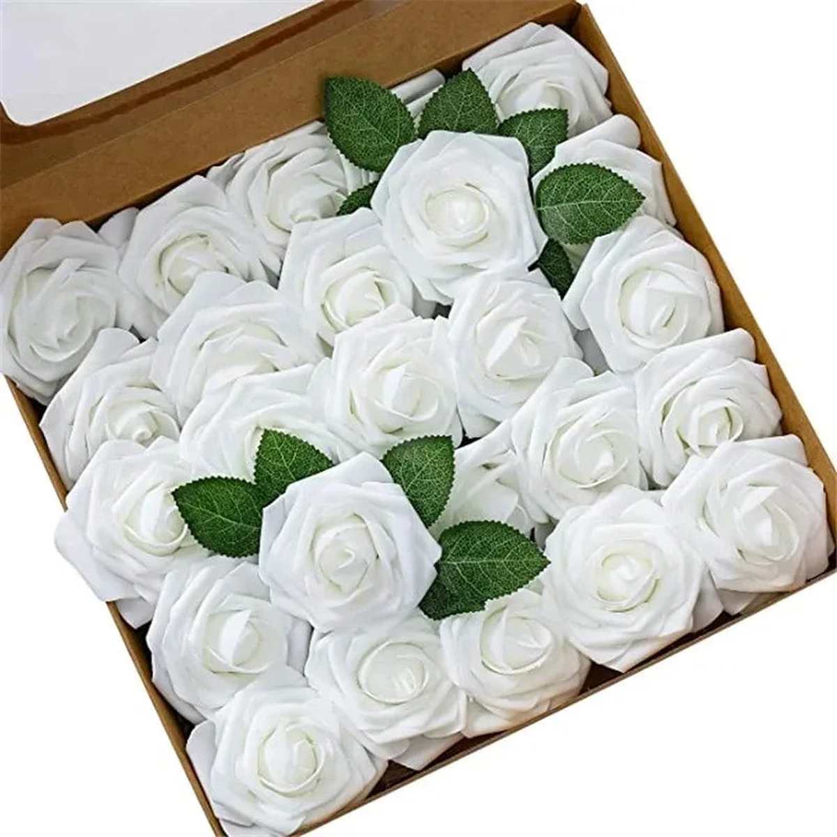 Rose Artificial Flowers 15/25/100pcs Foam Fake Roses Wedding Bouquets Centerpieces Mothers Day Valentines Gifts Party Decoration - White | 50PCS no box leaves
