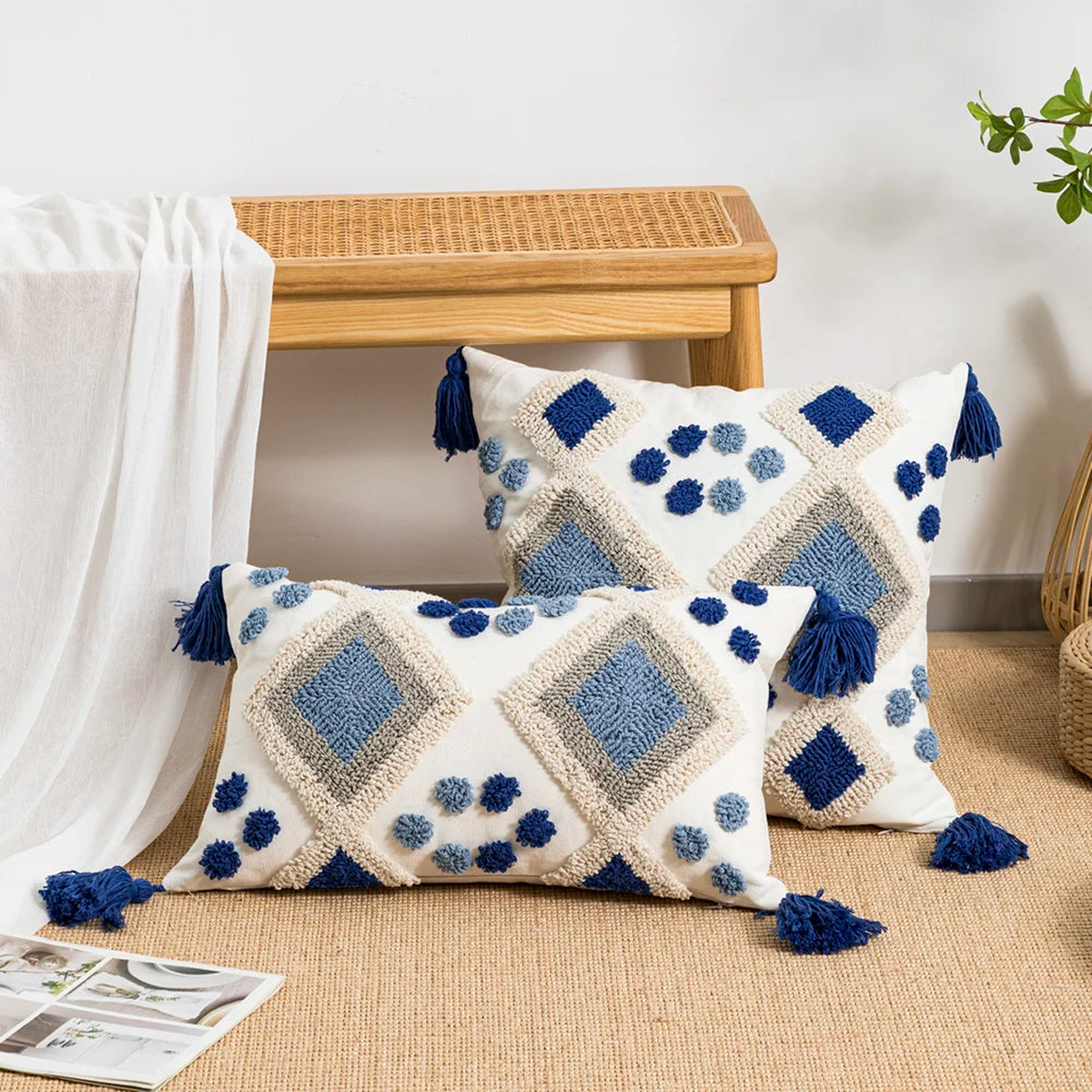 1pc double diamond shaped plush tassel pillowcase with waist pillowcase 30x50cm 45x45cm Bohemian style suitable for home decor - Blue | 450mm*450mm