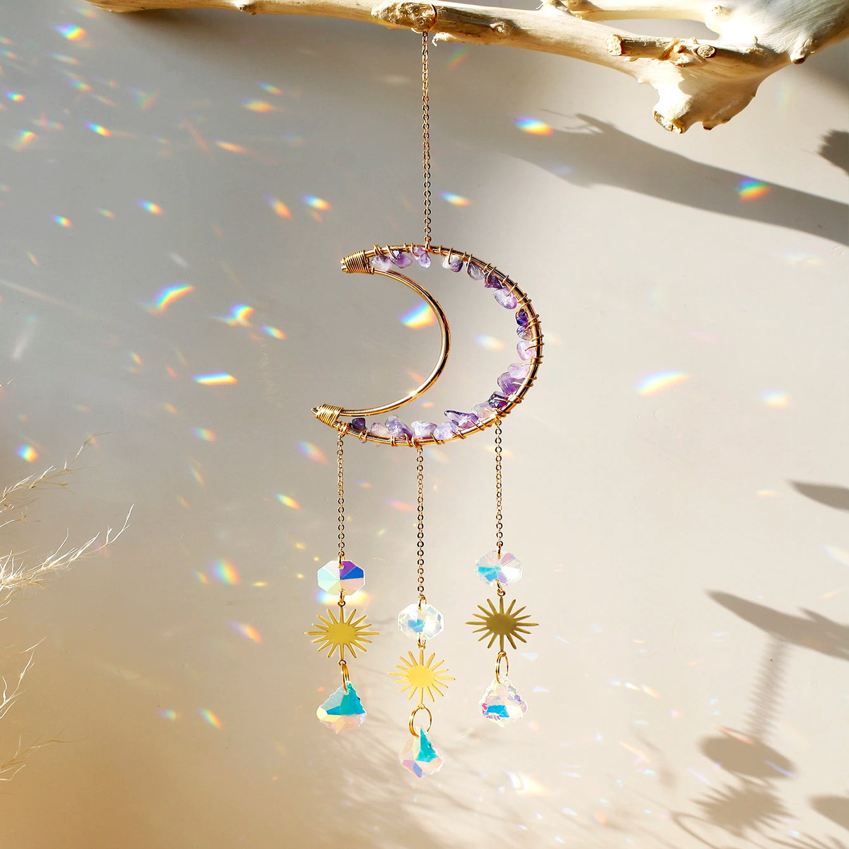 Natural Moon Crystal Suncatcher Ornament With Colorful Prism Pendant For Garden Patio Porch Balcony Window Home Decoration Gift - KK032-M01156