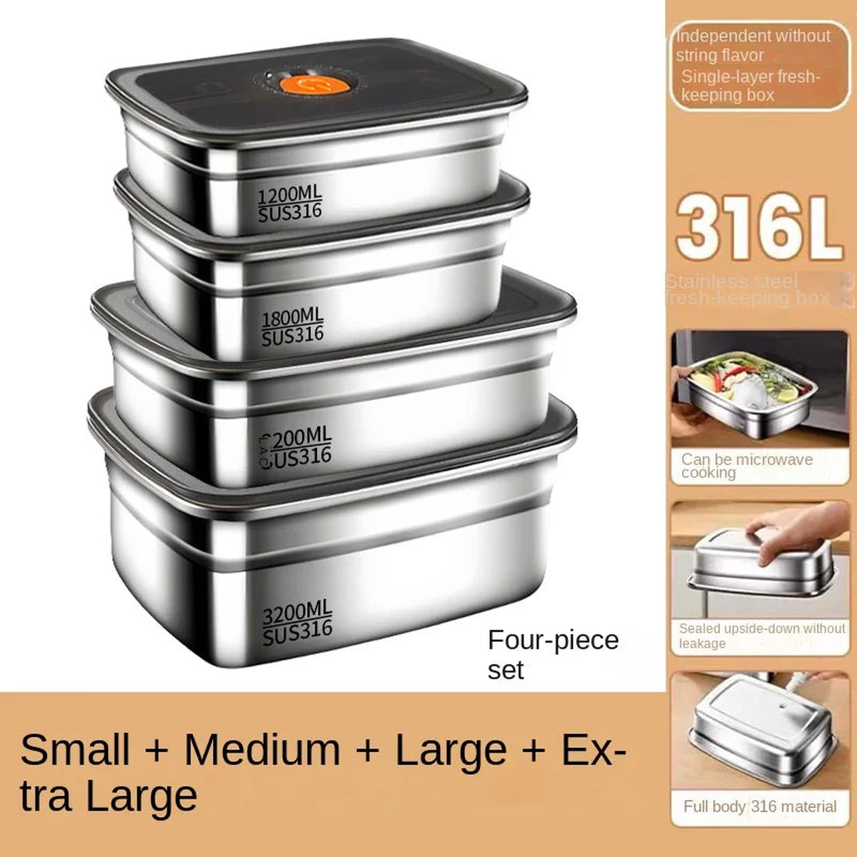 316 Stainless Steel Crisper, Lunch Box, Sealed Leak-proof Bento Box, Refrigerator Freezer Storage Box, Camping Lunch Box - 4-piece set | China Mainland
