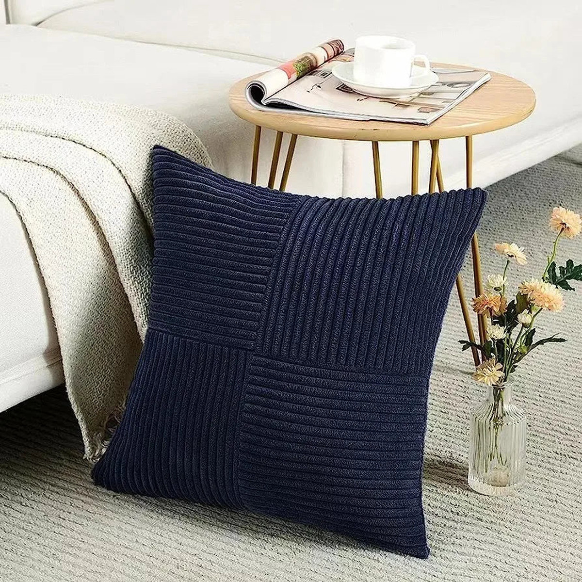 Mustard Yellow Corduroy Pillow Cover Boho Spliced Throw Pillow Cover Soft Couch Pillowcase Cross Patchwork Textured Cushion Case - Dark Blue | 50x50CM