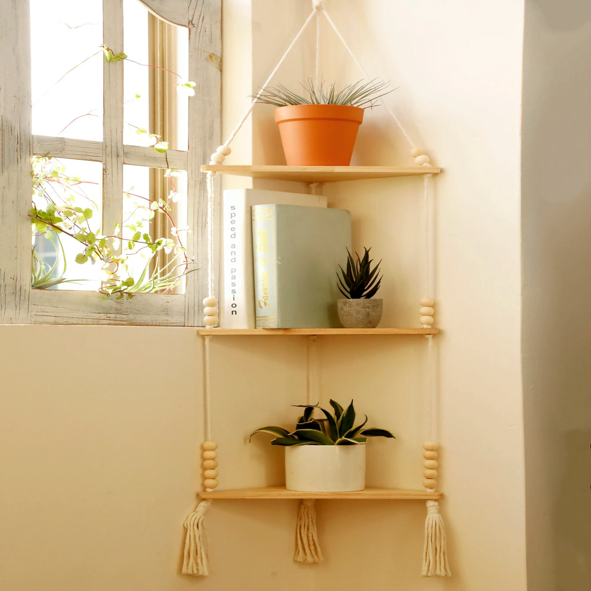 Triangle Floating Wall Shelf 1/2/3-Tier Wooden Wall Shelves Hanging Corner Display Stand with Wood Bead Boho Rustic Home Decor - wall shelf M01755