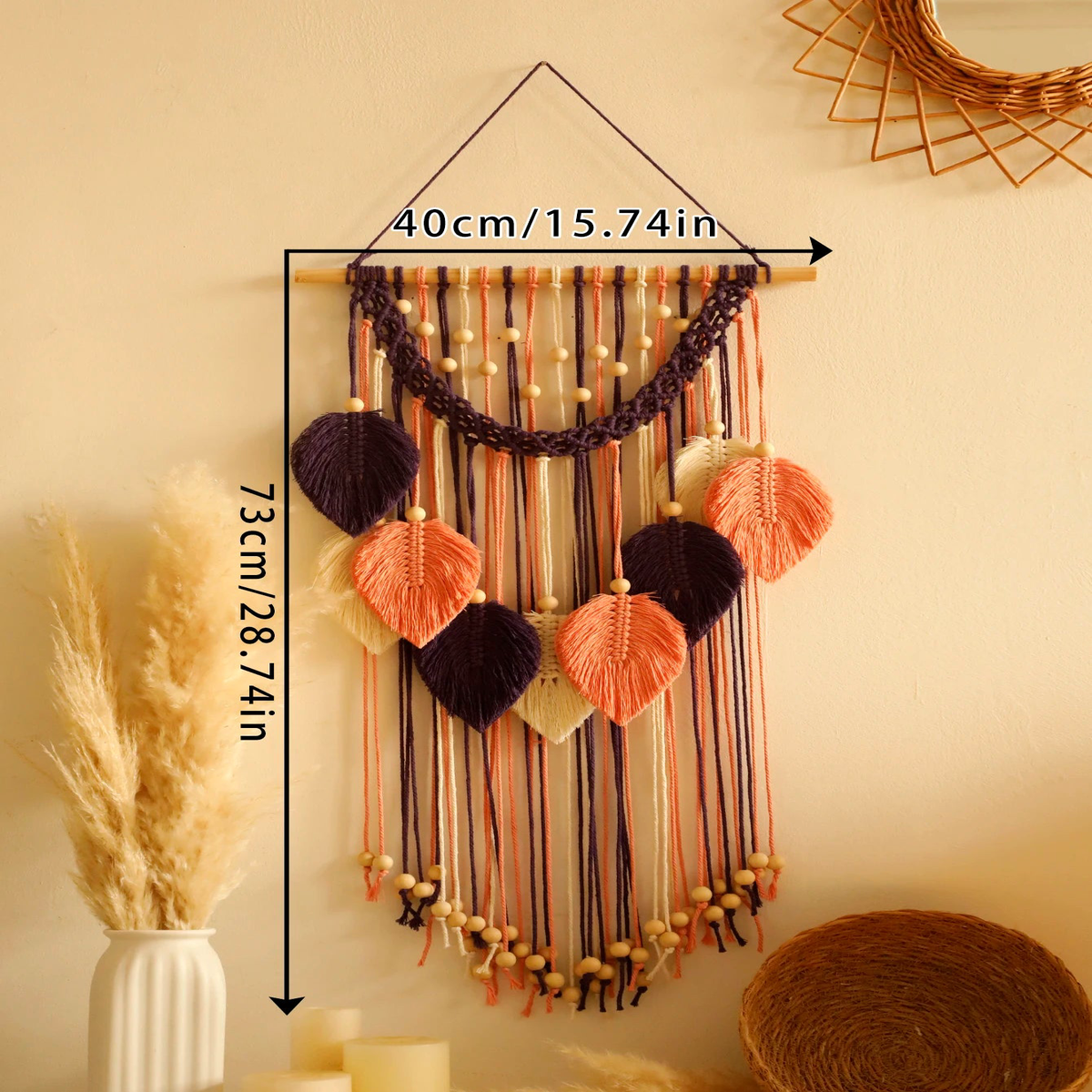 Multicolor Leaves Tapestry Boho Hand Woven Macrame With Wooden Beads Crafts Wall Hanging Nordic Home Decoration Mother Day Gift - KK036-M01838