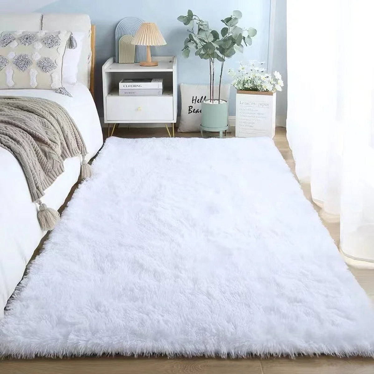 Pink Bedroom Carpet For Children's Room Cute Girls Floor Soft Mat Living Room Decoration White Fluffy Large Kids Bedside Rugs - White | 80x160cm