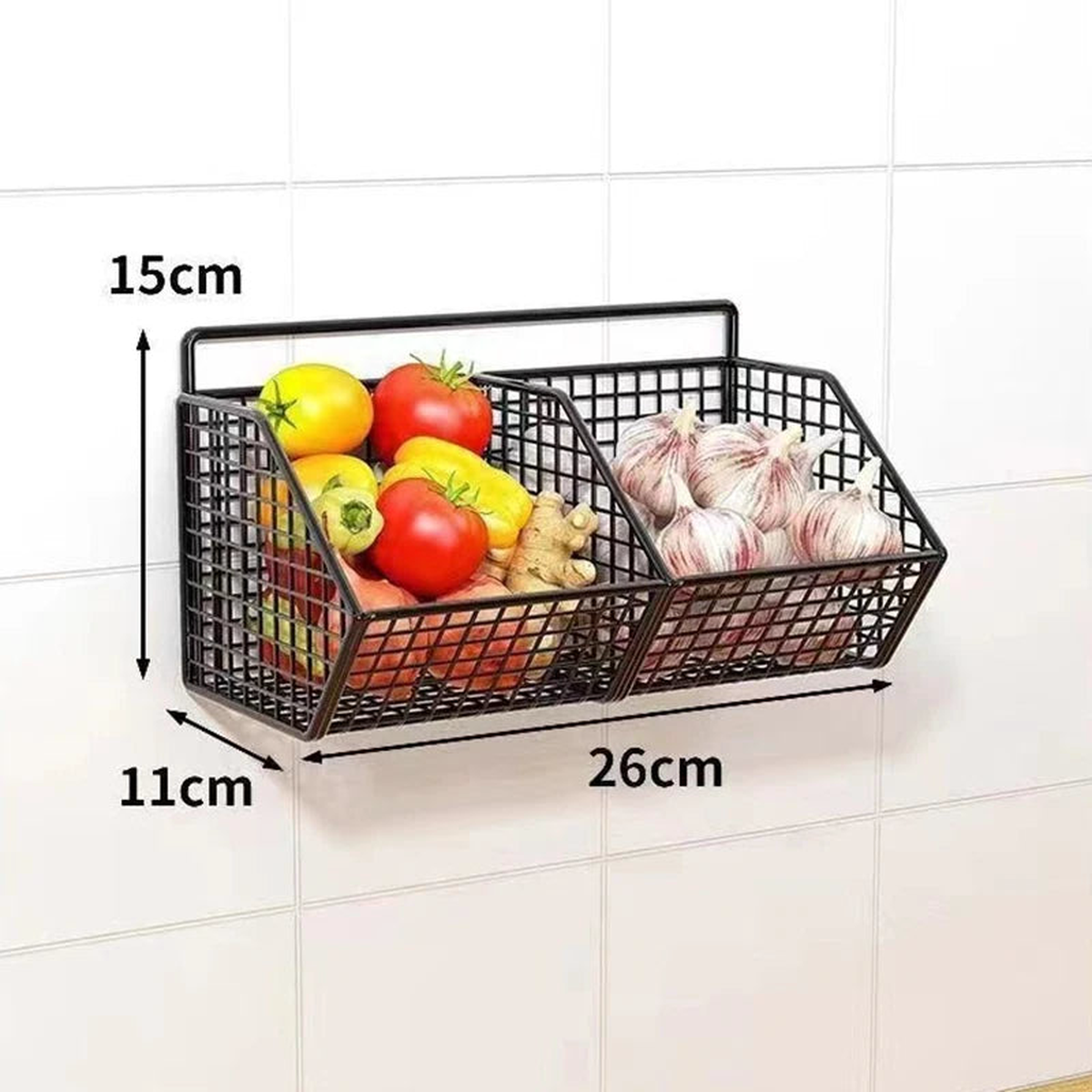 Wall Mounted Kitchen Storage Basket Durable Wire Storage Rack for Vegetables and Fruits Suitable for Home Organization - Black two grid