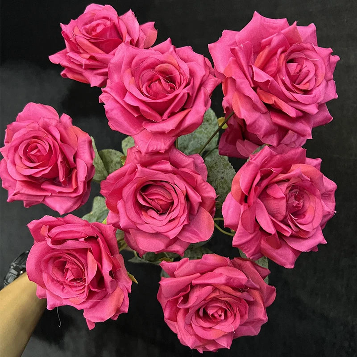 Top 9 Heads Curled Edge Rose Bouquet Artificial Flower Wedding Arrangement Materials Room Home Table Vase Decor Photo Props - A12