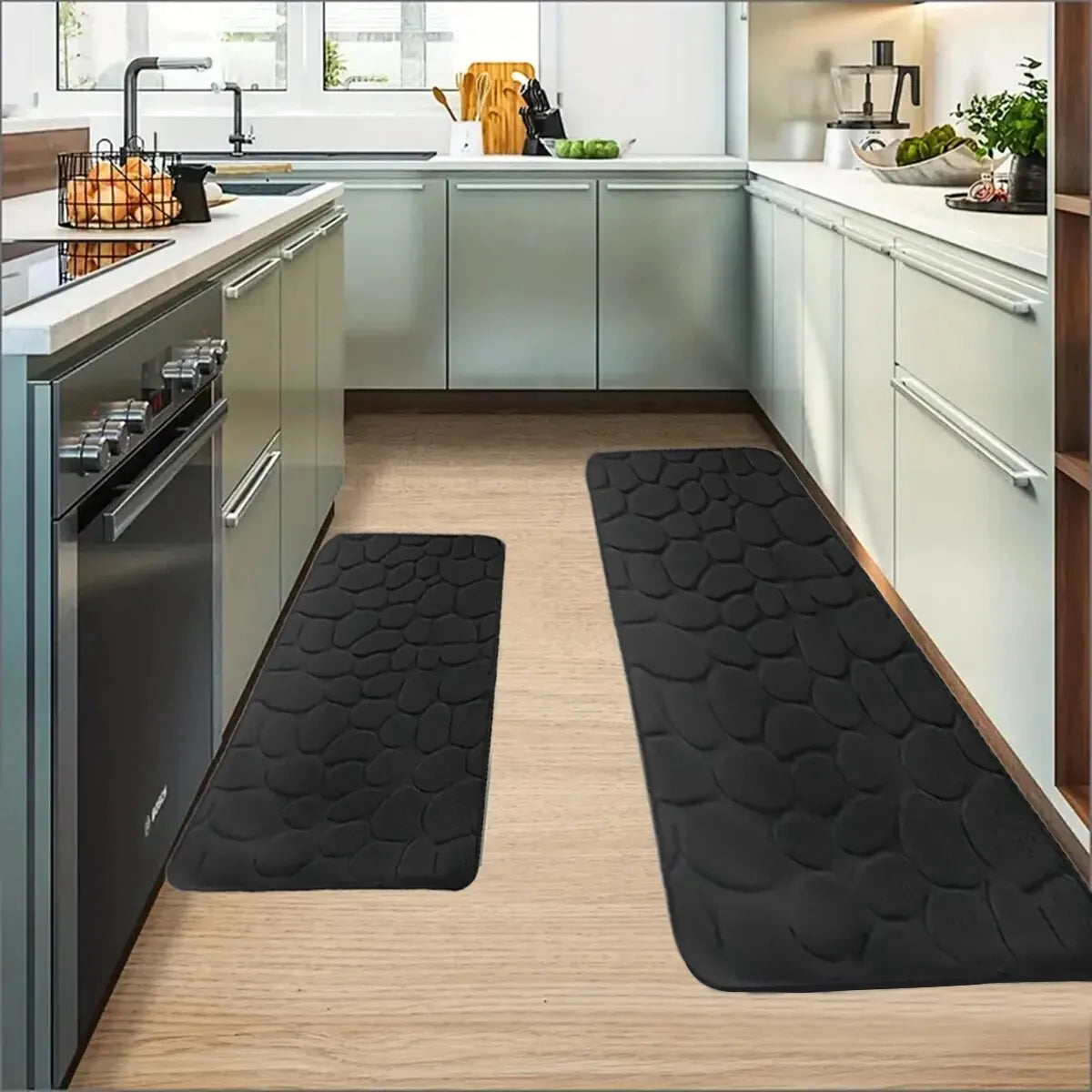 1pc Chic Cobblestone Design Kitchen Mat Soft Washable Anti-Skid Absorbent Home Decor Decor Rug - Black | 60cm x 160cm