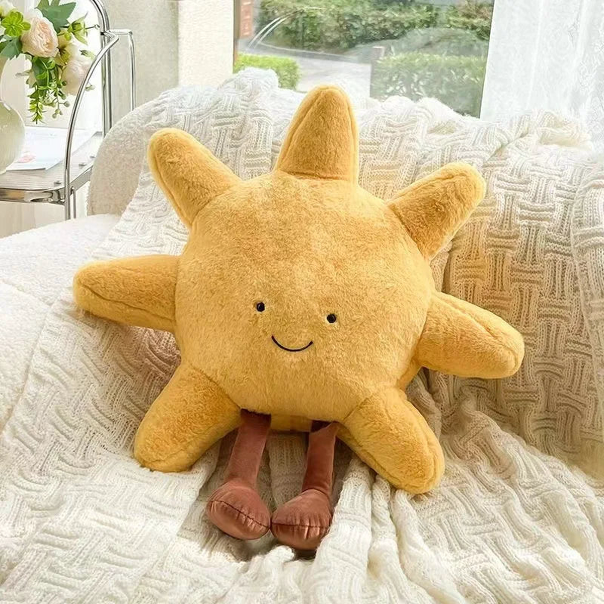 Adorable Smile Face White Moon Yellow Sun Plushie Stuffed Cute Cartoon Weather Plush Toy for Kid Bedroom Decor Sofa Throw Pillow - 46CM