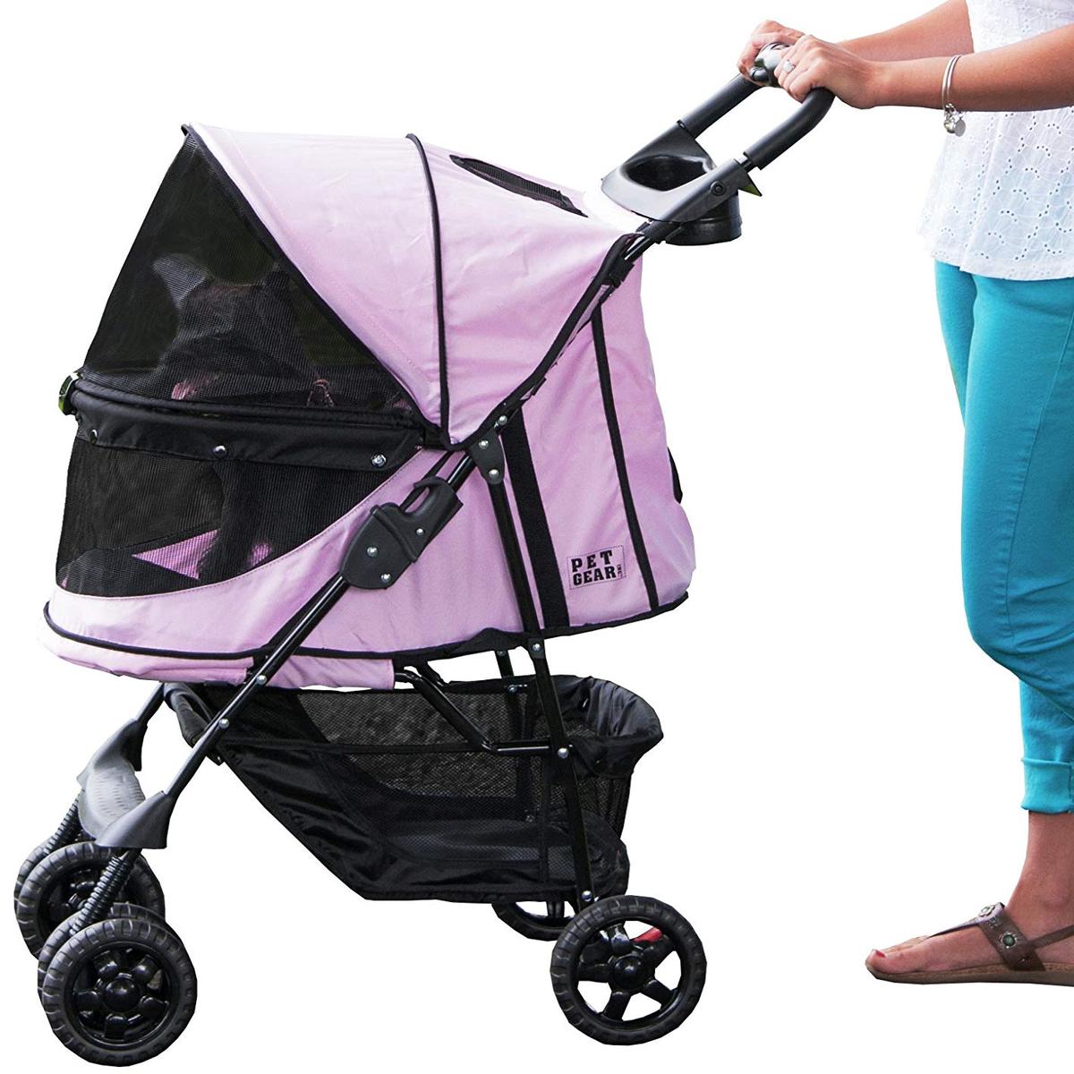 Pet Gear No-Zip Happy Trails Pet Stroller for Cats/Dogs, Zipperless Entry, Easy Fold with Removable Liner, Storage Basket + Cup Holder - Pink Diamond