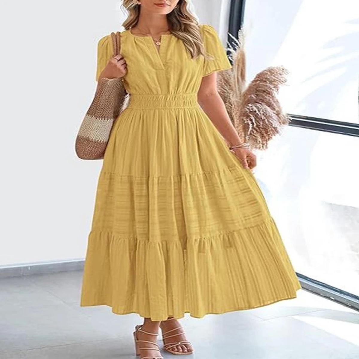 VivaSpring Layered Swing Dress  Women's V-Neck, Bubble Sleeves, and Big Swing Design for Effortless Style - Yellow | XXL