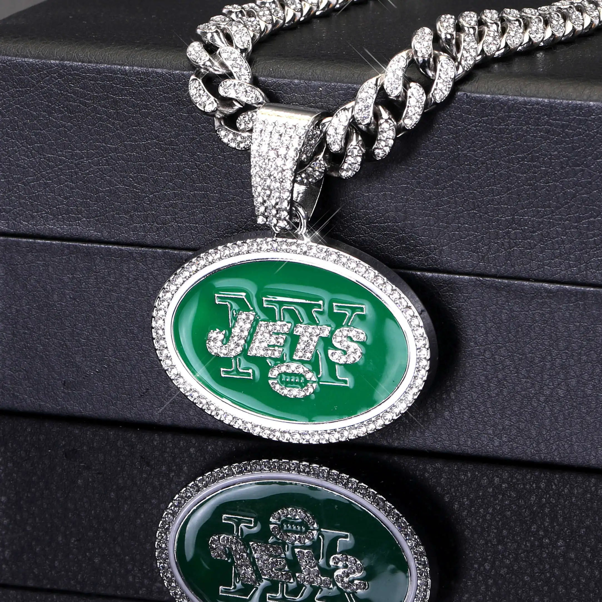 Sports LOGO Pendant Necklace with Iced Out Cuban Chains for Football Fans - silver-NY Jets
