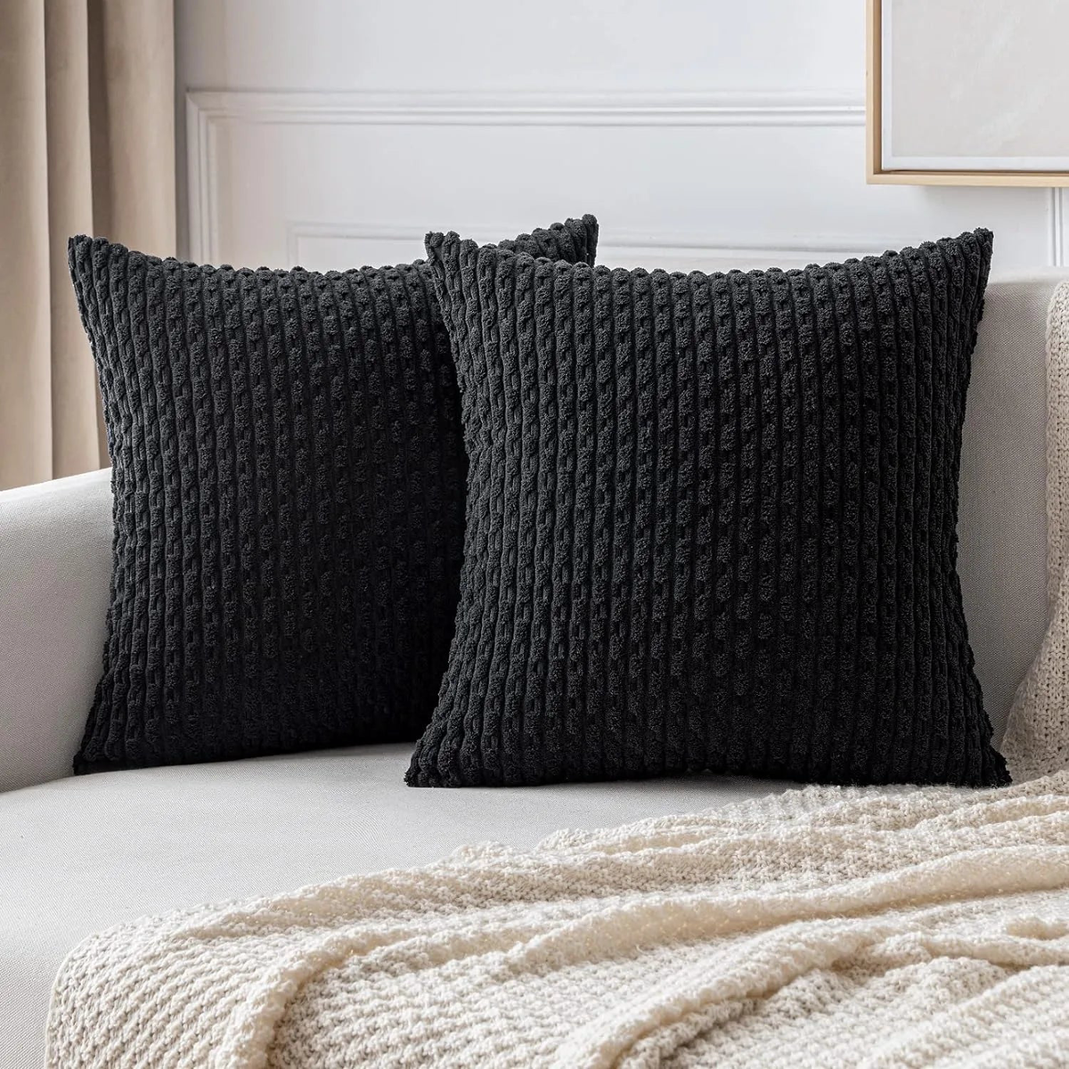 Boho Striped Decorative Throw Pillow Covers, Soft Corduroy Double-sided Fluffy Farmhouse Couch Pillow Covers, Orange 40/45/50CM - Black | 40x40CM
