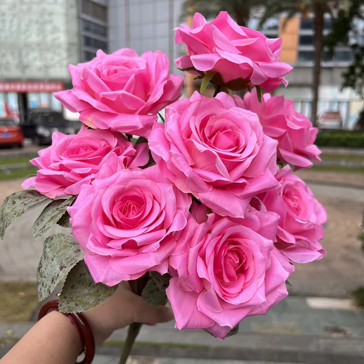 Top 9 Heads Curled Edge Rose Bouquet Artificial Flower Wedding Arrangement Materials Room Home Table Vase Decor Photo Props - A08