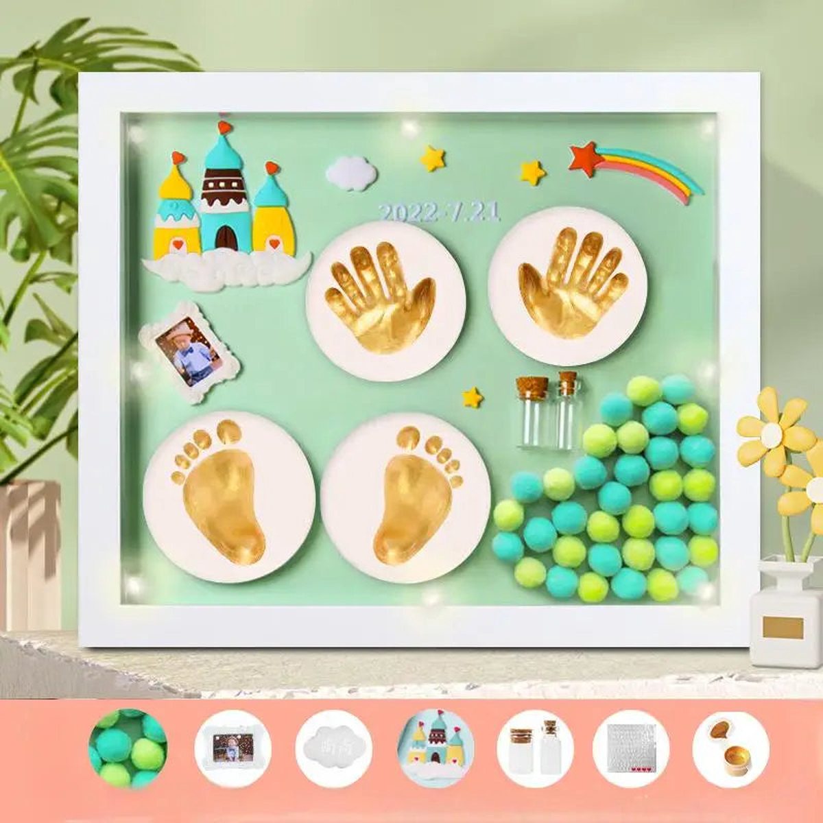 2 Pcs Baby Hand Foot Print Kit with Photo Frame,Newborn Keepsake Gift for 100 Days 1st Birthday, Bulk Order - 12inch green