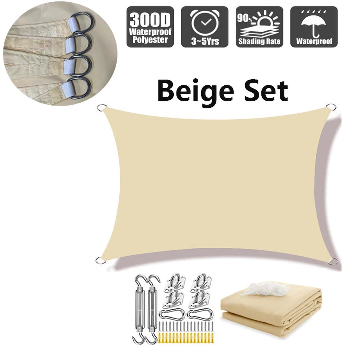 Waterproof sunshade sail shed rectangular UV blocking sunshade shed outdoor garden terrace sunshade canopy - Beige Set | 300x500cm
