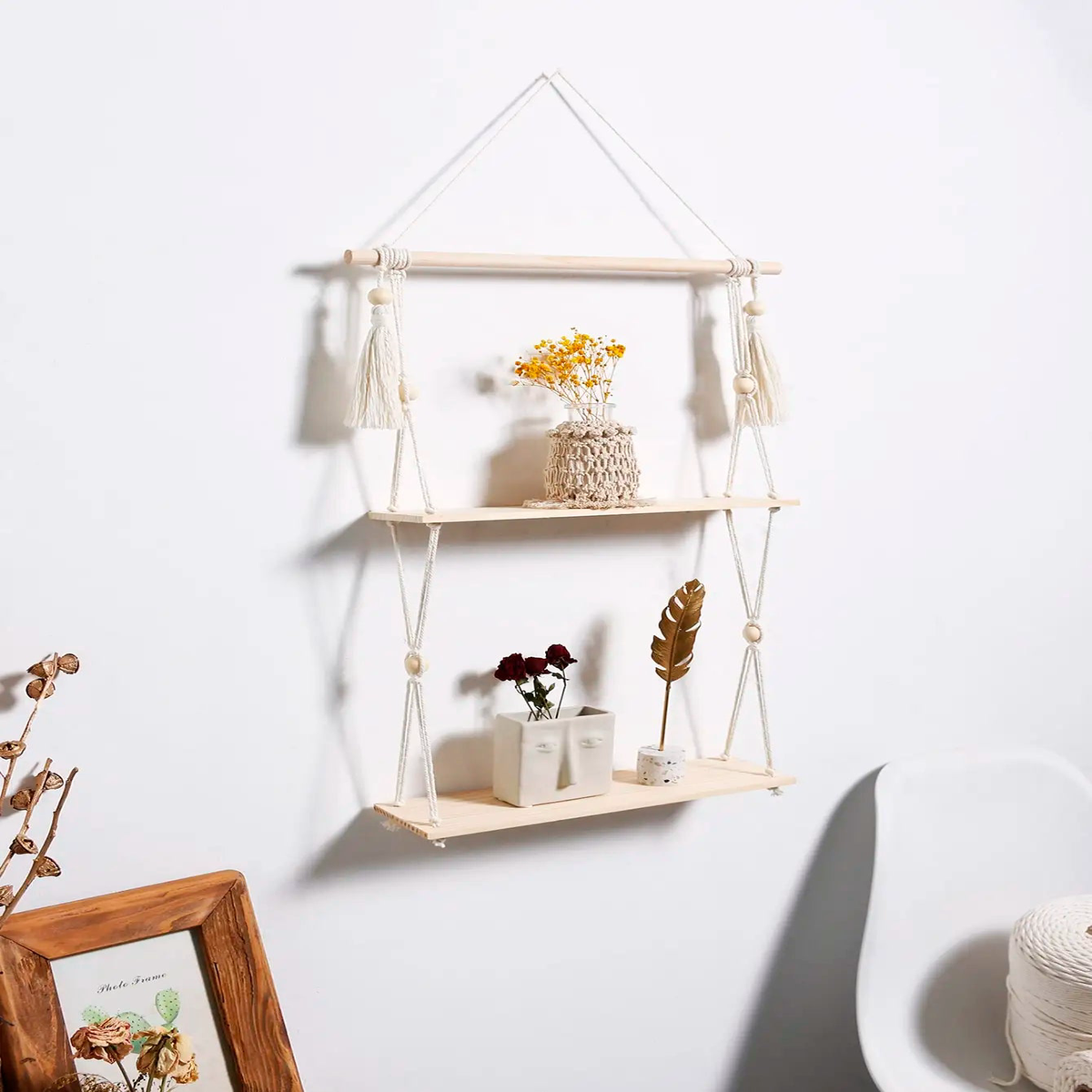 2-tier Floating Wall Shelf With Wooden Beads Home Decoration Boho Plant Flower Pot Tray Nordic Room Swing Display Shelf Art Gift - KK071-M01087