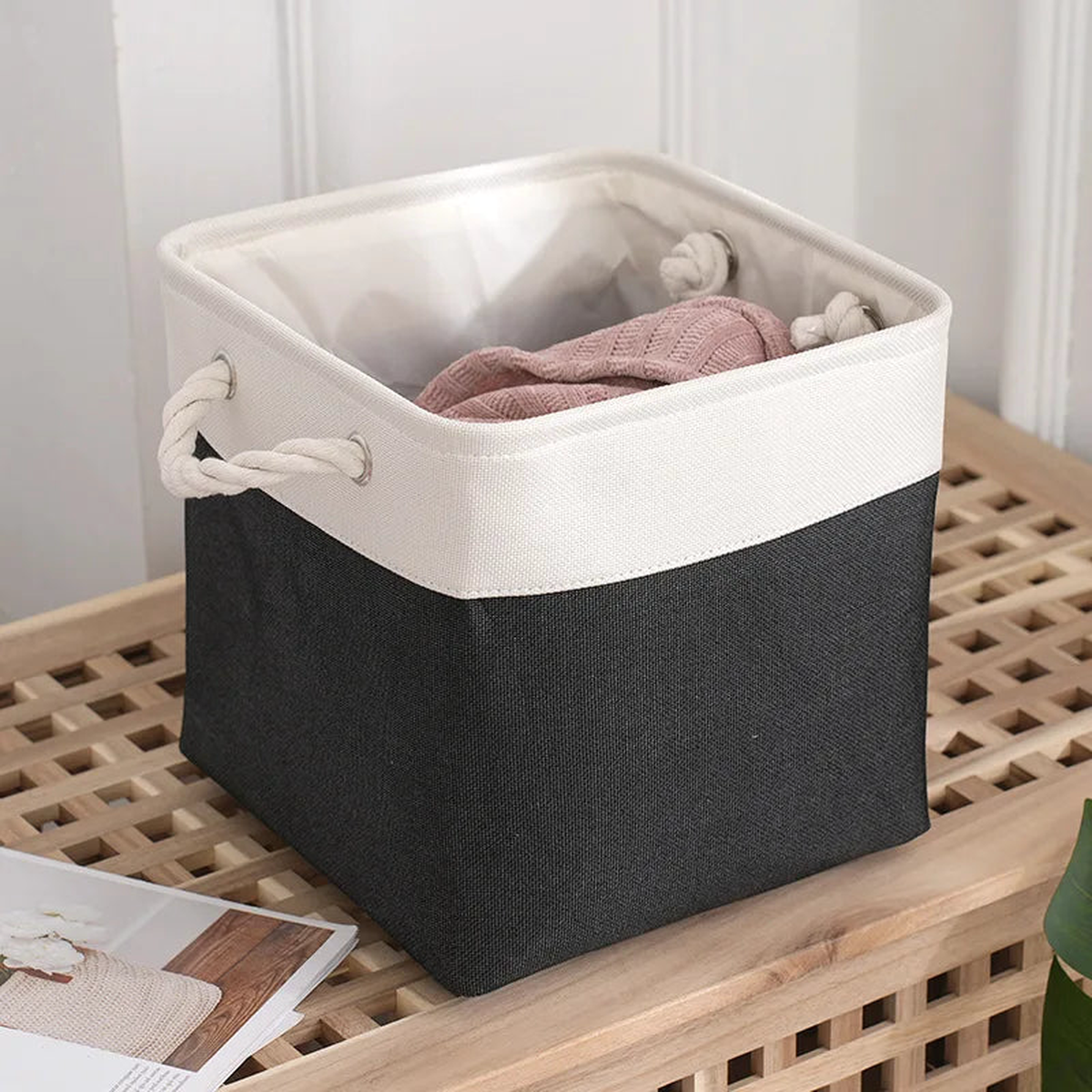 2025 The New Large-capacity Household Square Dirty Laundry Basket Finishing Storage Basket Linen Fabric Storage Basket - White-Black | 28CM