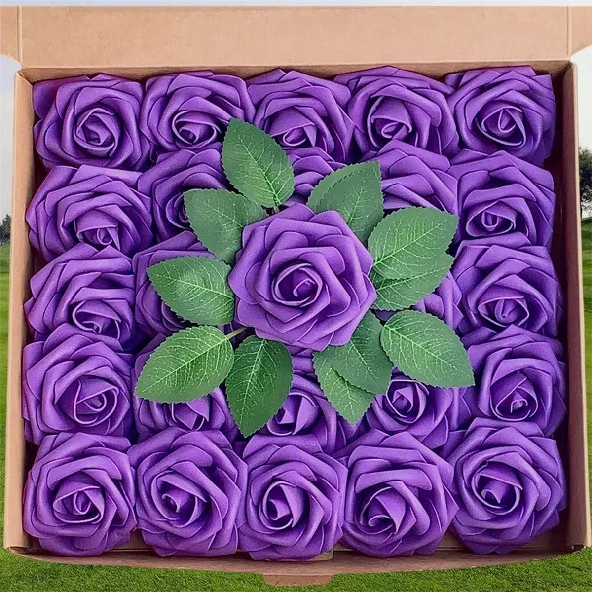 Rose Artificial Flowers 15/25/100pcs Foam Fake Roses Wedding Bouquets Centerpieces Mothers Day Valentines Gifts Party Decoration - deep purple | 50PCS no box leaves