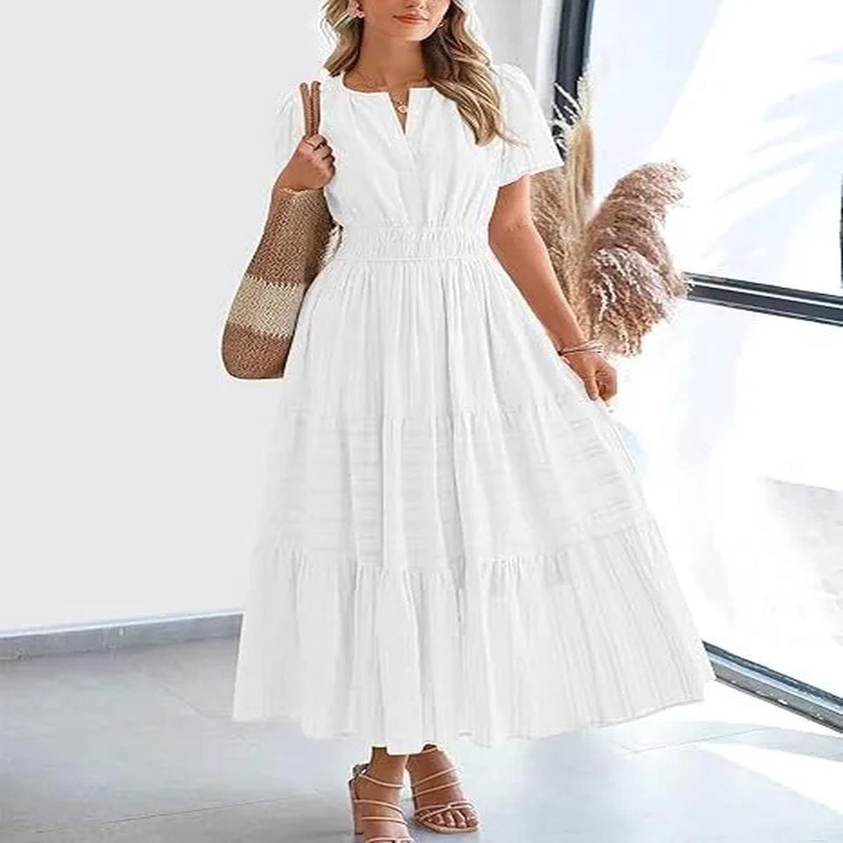 VivaSpring Layered Swing Dress  Women's V-Neck, Bubble Sleeves, and Big Swing Design for Effortless Style - White | XXL