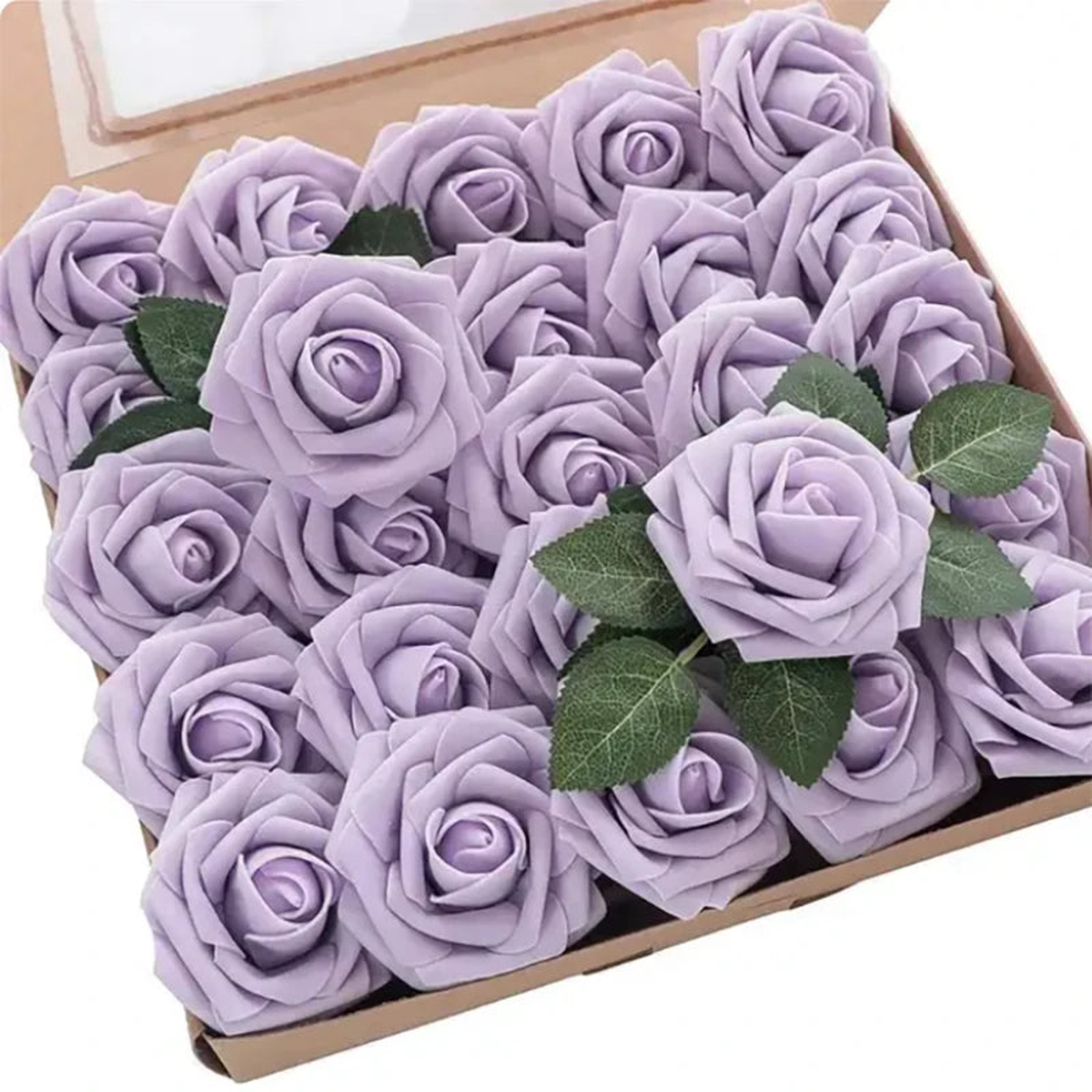 10~100pcs Rose Artificial Flowers Foam Fake Roses Wedding Bouquets Centerpieces Mothers Day Valentines Gifts Party Decoration - Light purple | 25pcs no box leaves