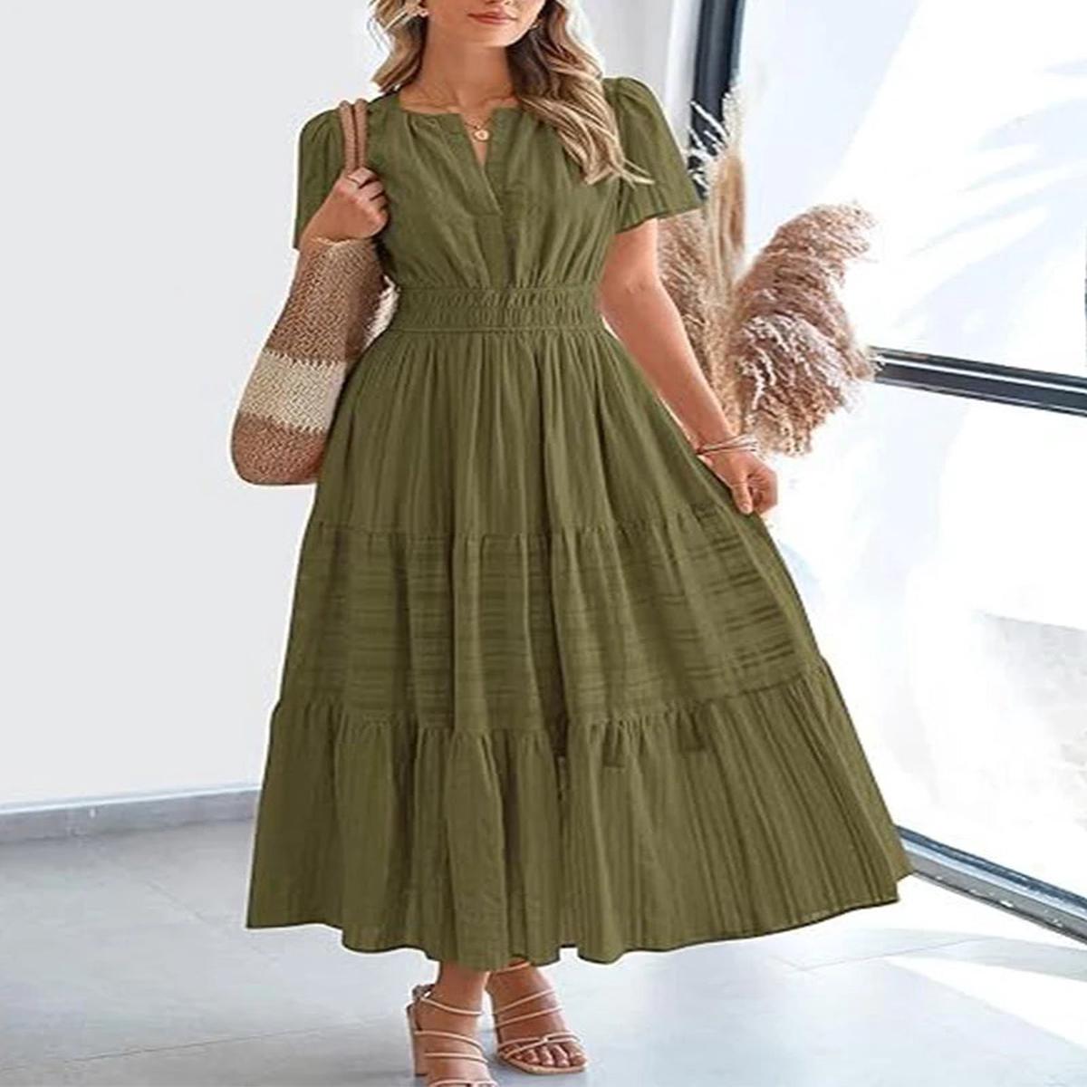 VivaSpring Layered Swing Dress  Women's V-Neck, Bubble Sleeves, and Big Swing Design for Effortless Style - Army Green | L